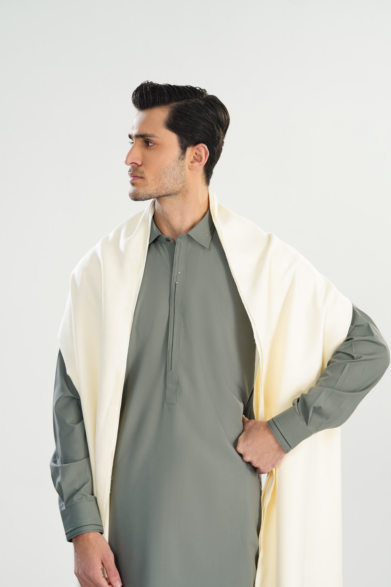 Sand Grey French Collar Kameez Shalwar - Men