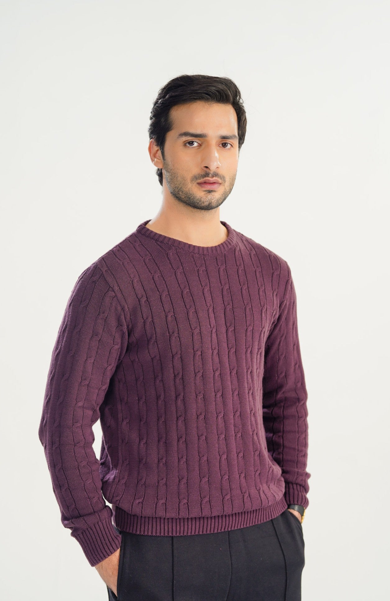 Plum Cable Knit Sweater - Smart Fit - Men