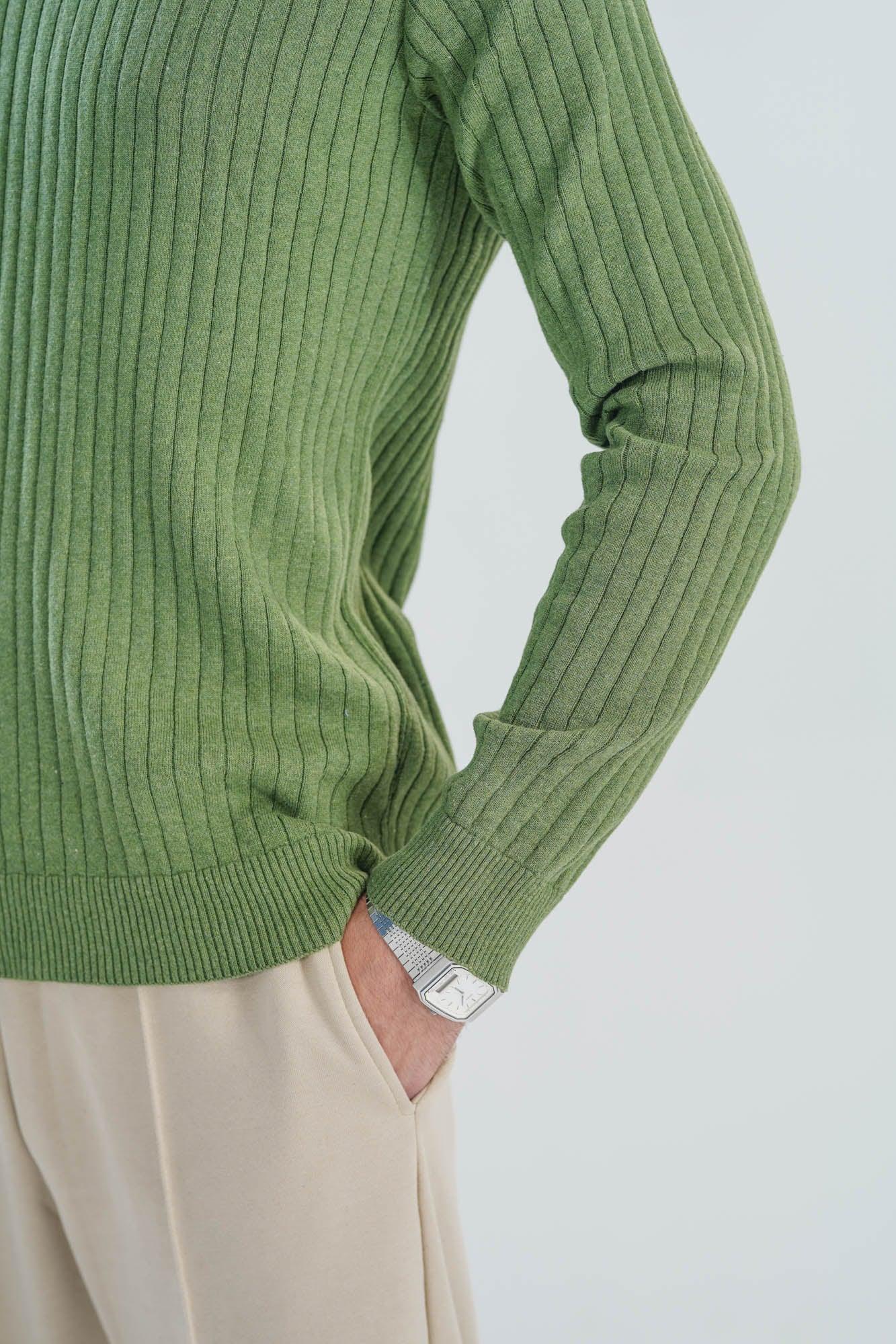 Olive Green Knitted Polo - Full Sleeves - Men - Muraqsh -- Men Western