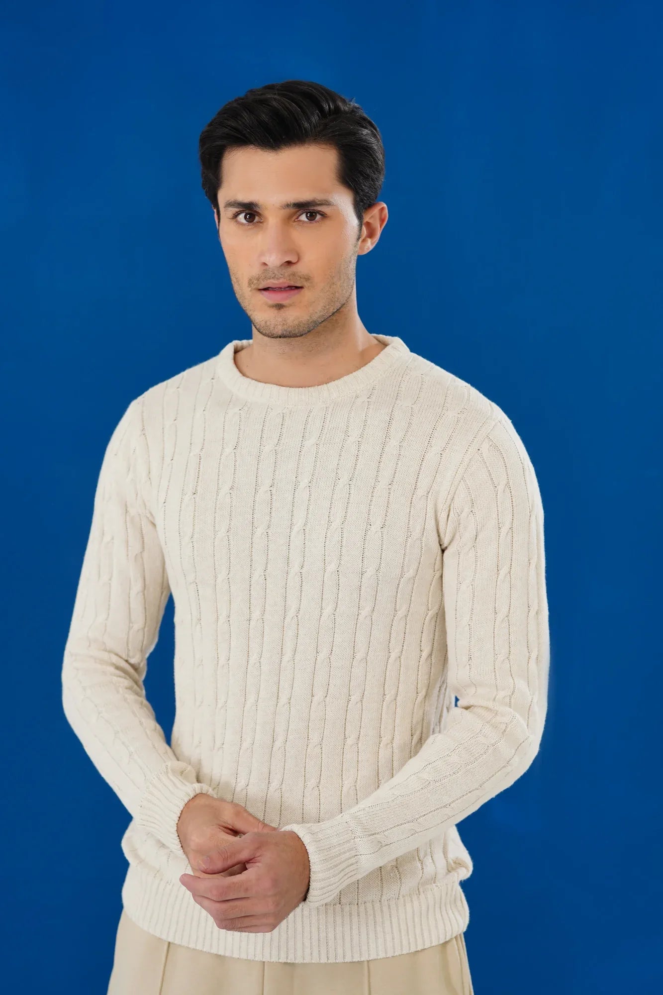 Off White Cable Knit Sweater - Smart Fit - Men - Muraqsh -- Men Western