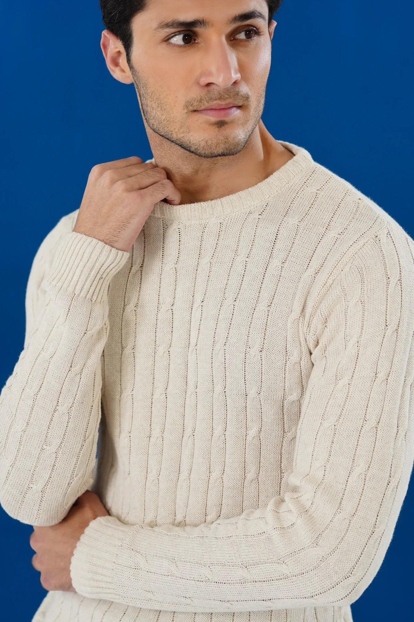 Off White Cable Knit Sweater - Smart Fit - Men - Muraqsh -- Men Western