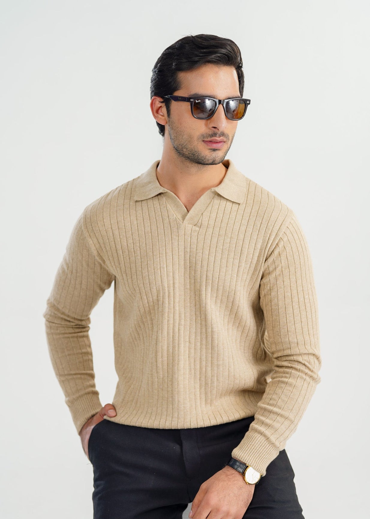 Beige Drop Needle Knit Polo - Full Sleeves - Men