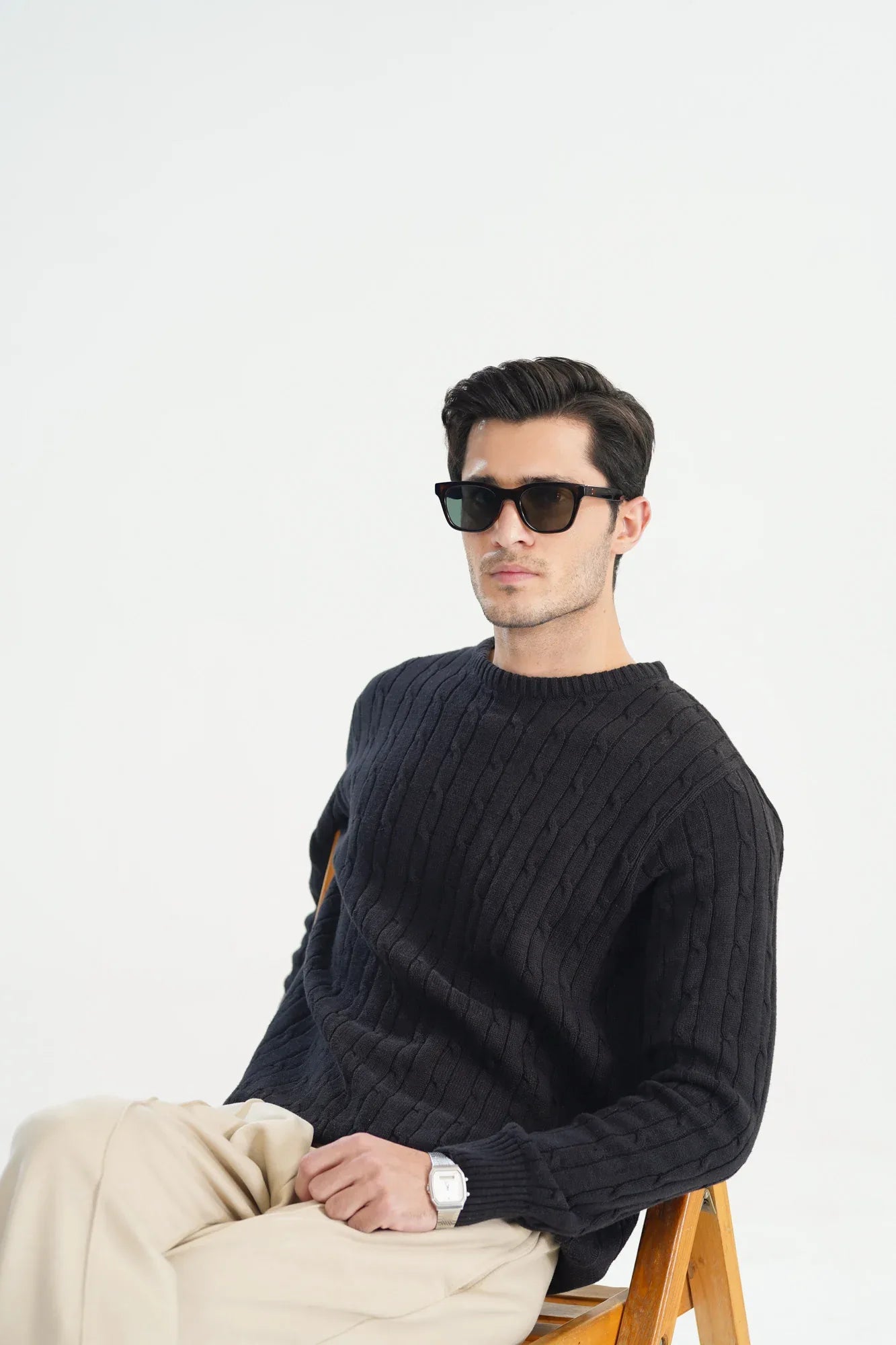Black Cable Knit Sweater - Smart Fit - Men - Muraqsh -- Men Western