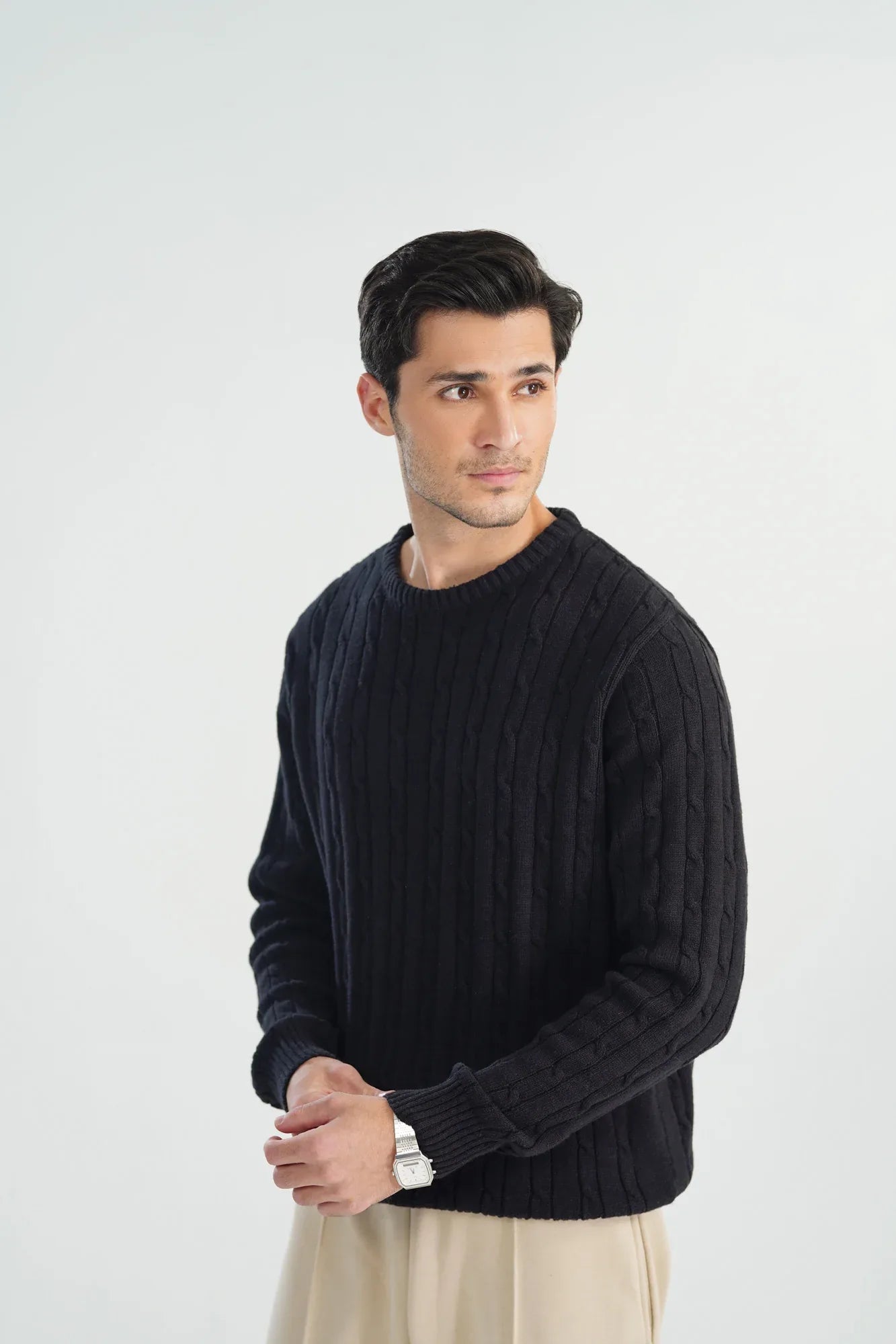 Black Cable Knit Sweater - Smart Fit - Men - Muraqsh -- Men Western