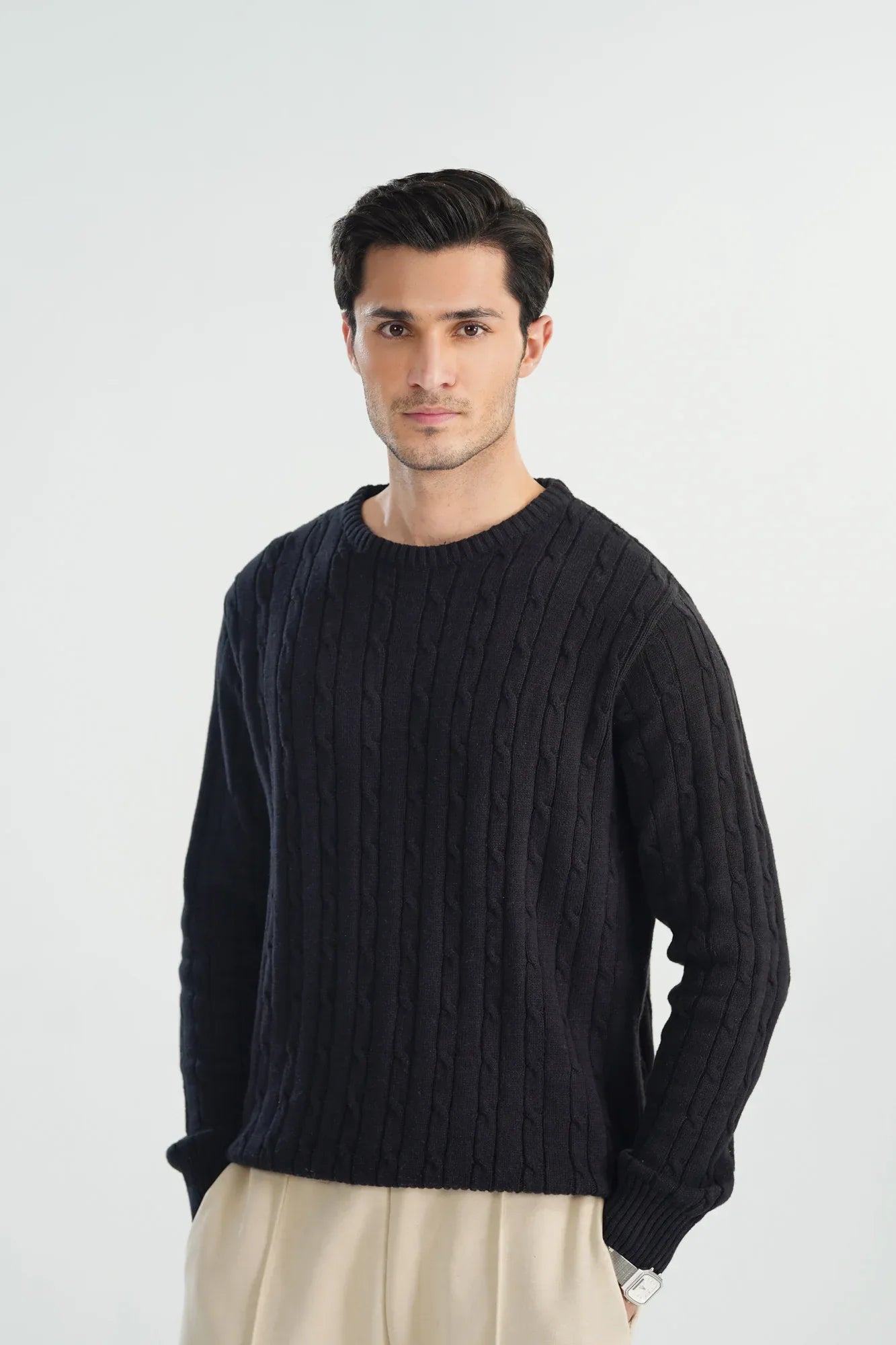 Black Cable Knit Sweater - Smart Fit - Men - Muraqsh -- Men Western