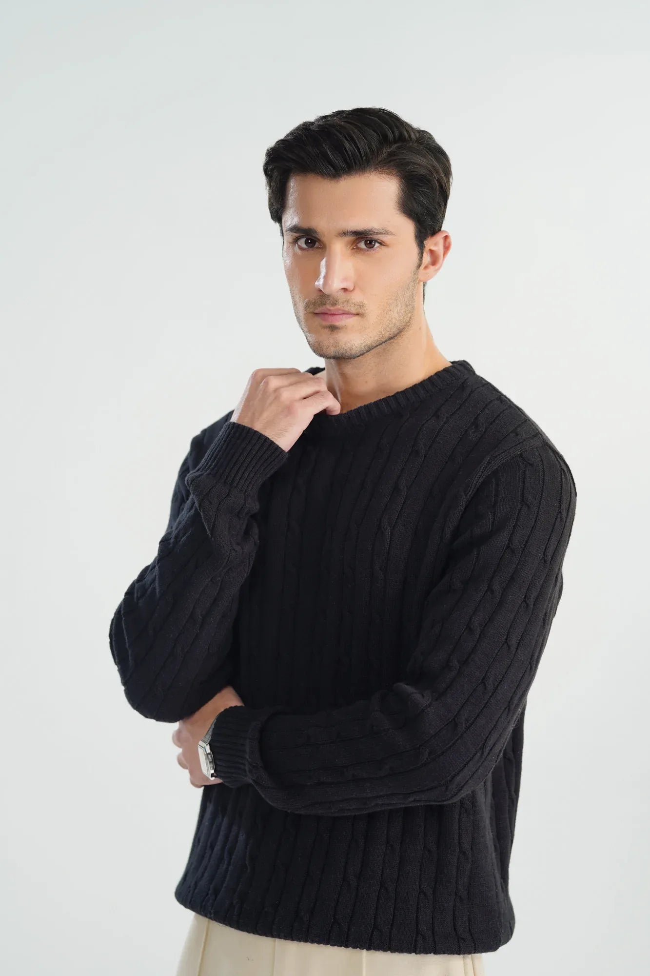 Black Cable Knit Sweater - Smart Fit - Men - Muraqsh -- Men Western