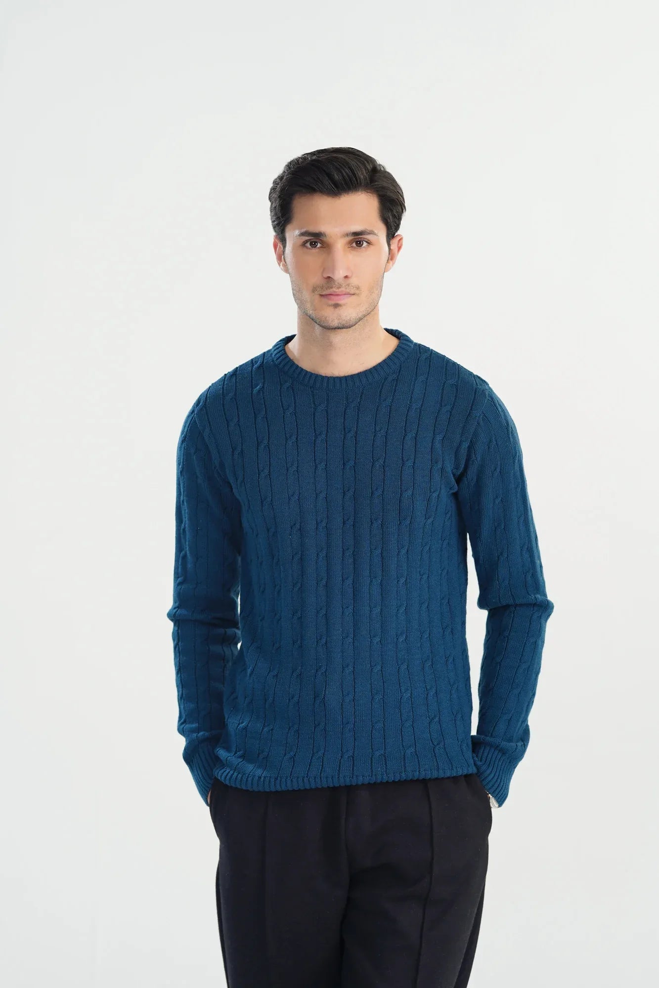 Blue Cable Knit Sweater - Smart Fit - Men - Muraqsh -- Men Western