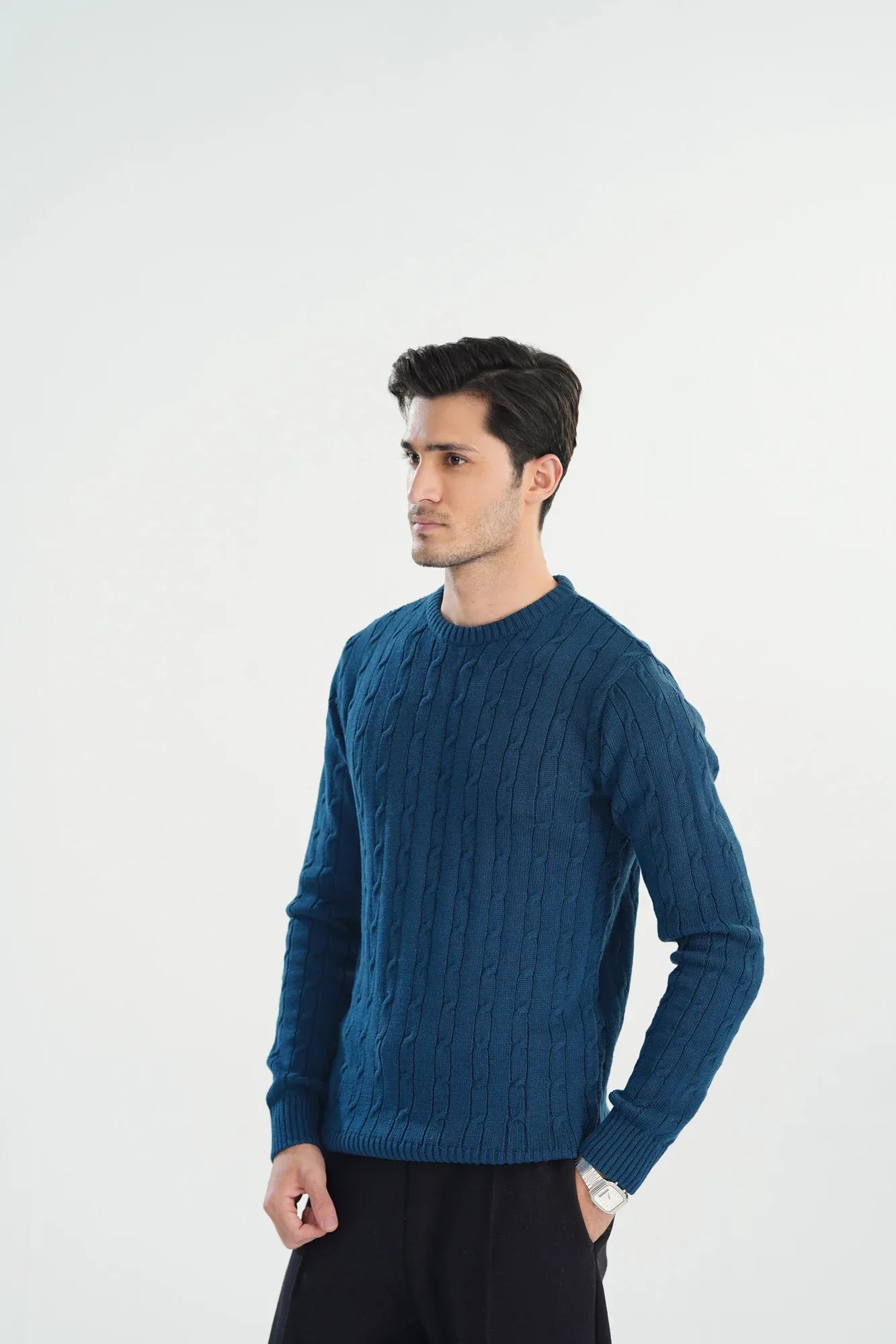 Blue Cable Knit Sweater - Smart Fit - Men - Muraqsh -- Men Western
