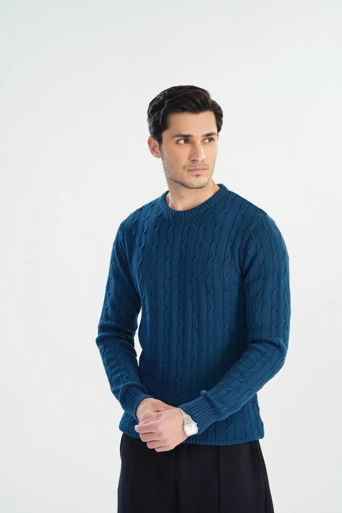 Blue Cable Knit Sweater - Smart Fit - Men - Muraqsh -- Men Western