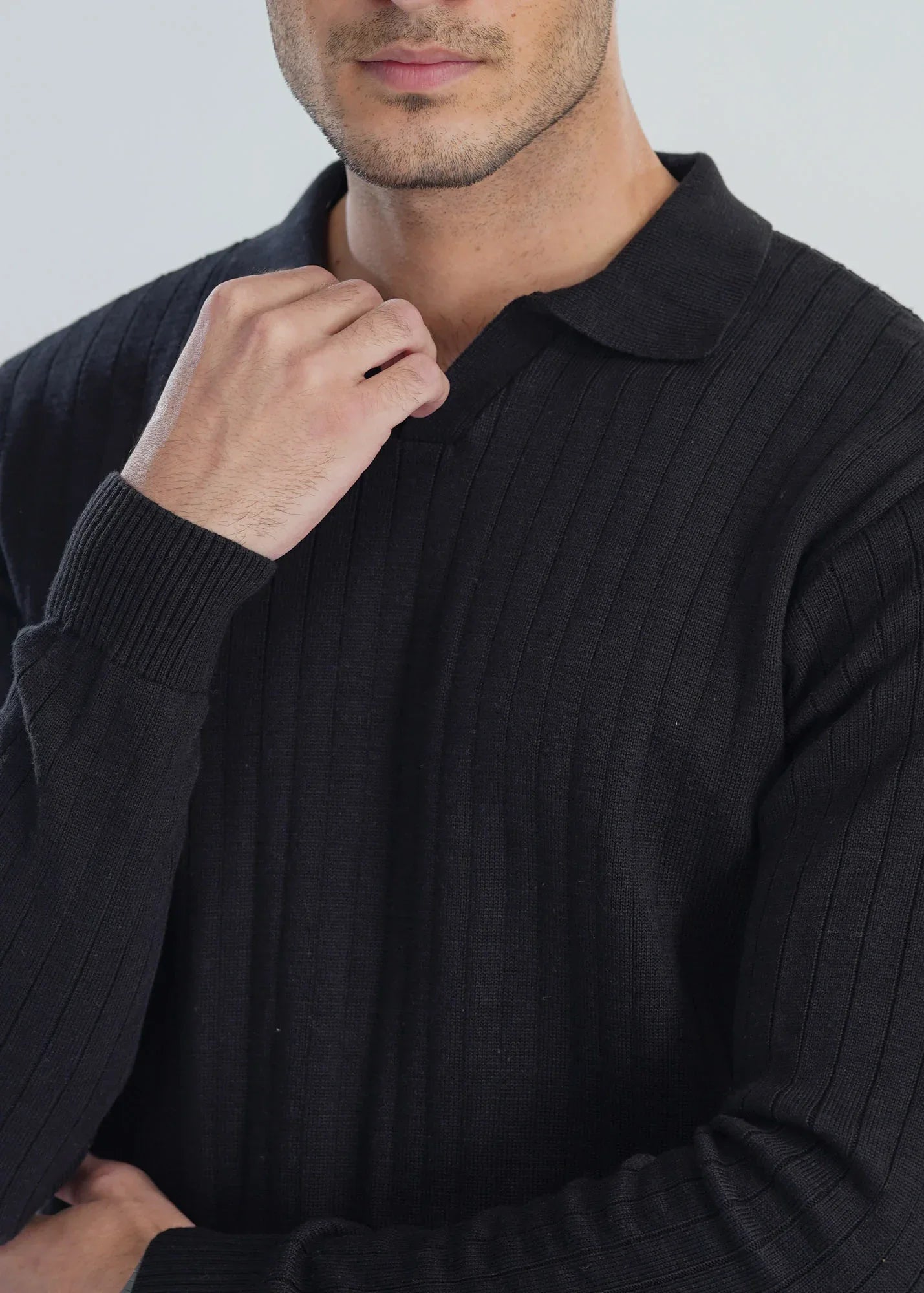 Black Knitted Polo - Full Sleeves - Men - Muraqsh -- Men Western
