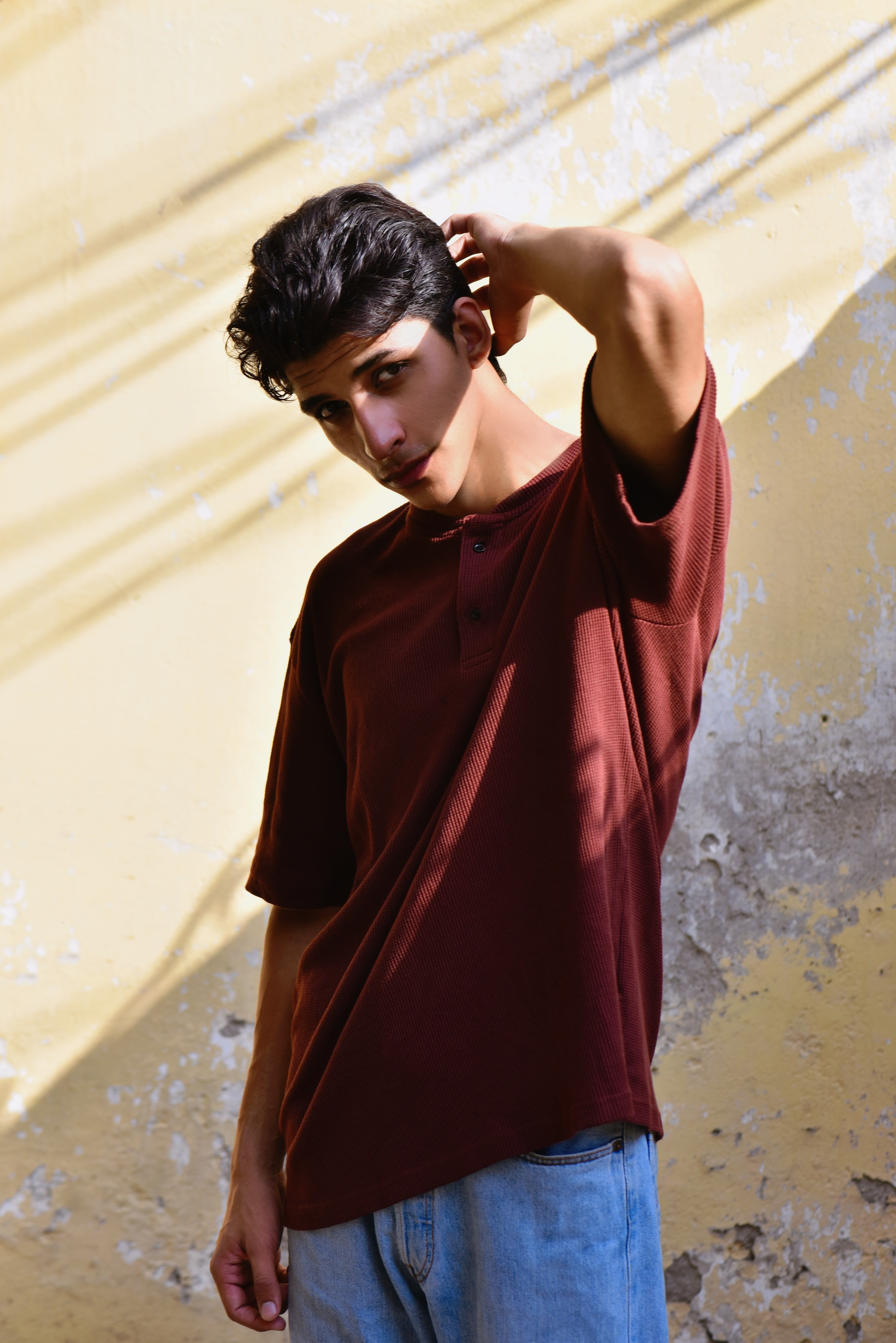 Dark Amber Waffle Oversized Henley - Men