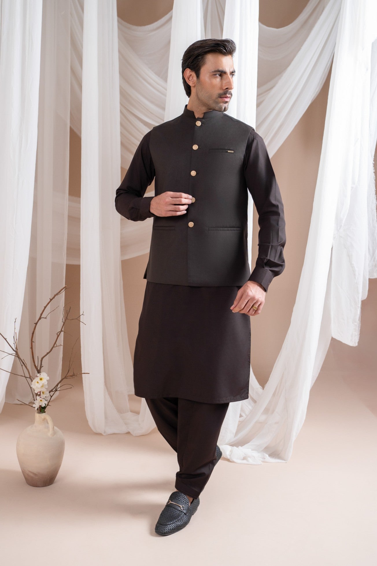 Dark Brown Kurta Shalwar with Suiting Waistcoat - Straight Cut - Men