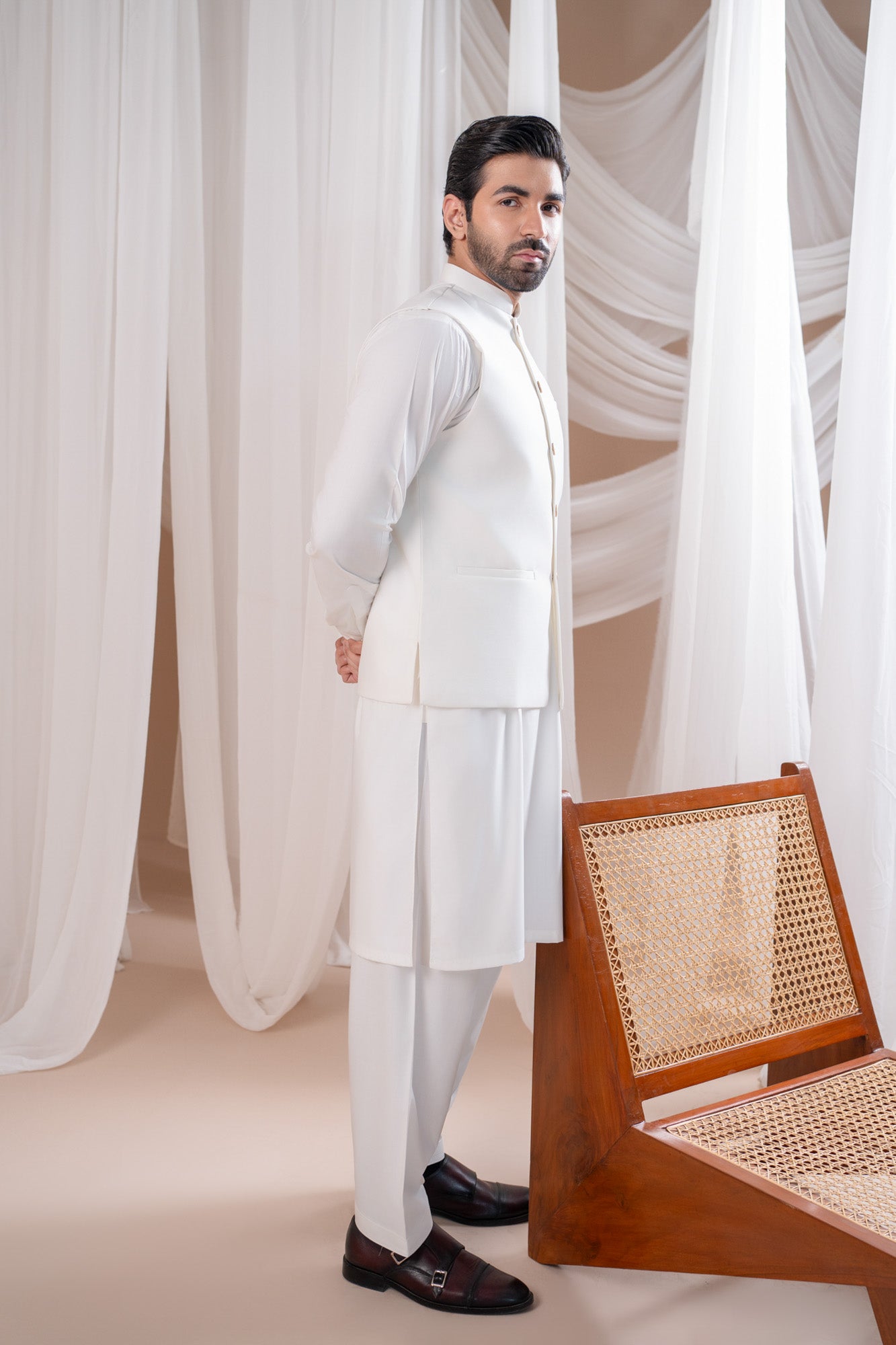 Off White Kurta Shalwar with Suiting Waistcoat - Straight Cut - Men