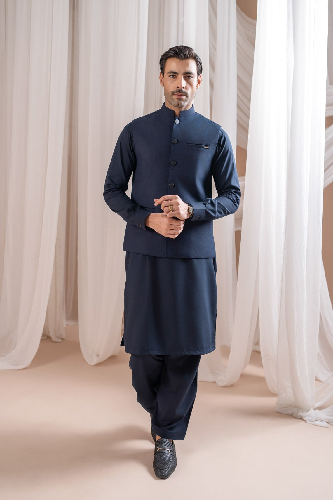 Navy Blue Kurta Shalwar with Suiting Waistcoat - Straight Cut - Men