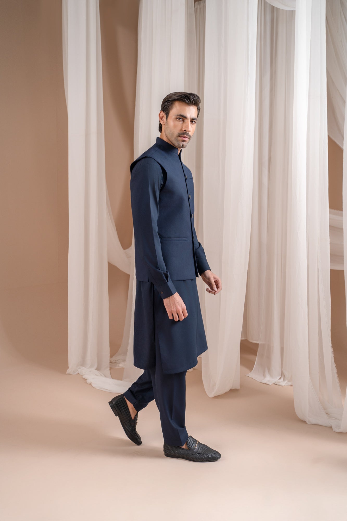 Navy Blue Kurta Shalwar with Suiting Waistcoat - Straight Cut - Men