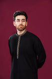 Formal Black Kurta Shalwar - Pattern Collar Neck Embroidered - Men - Muraqsh -- Menswear