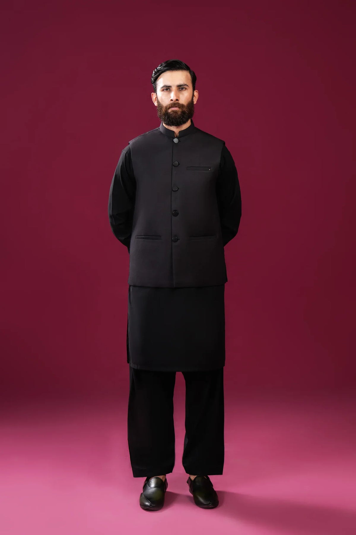 Muraqsh Ready To Wear Solids Cotton Men Off White Kameez Shalwar with Burgundy Suiting Waistcoat Round Cut MURP-BO-KS - Summer Collection
