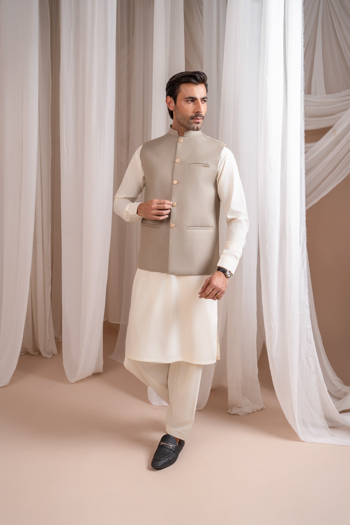 Bosky White Kurta Shalwar with Beige Suiting Waistcoat - Straight Cut - Men