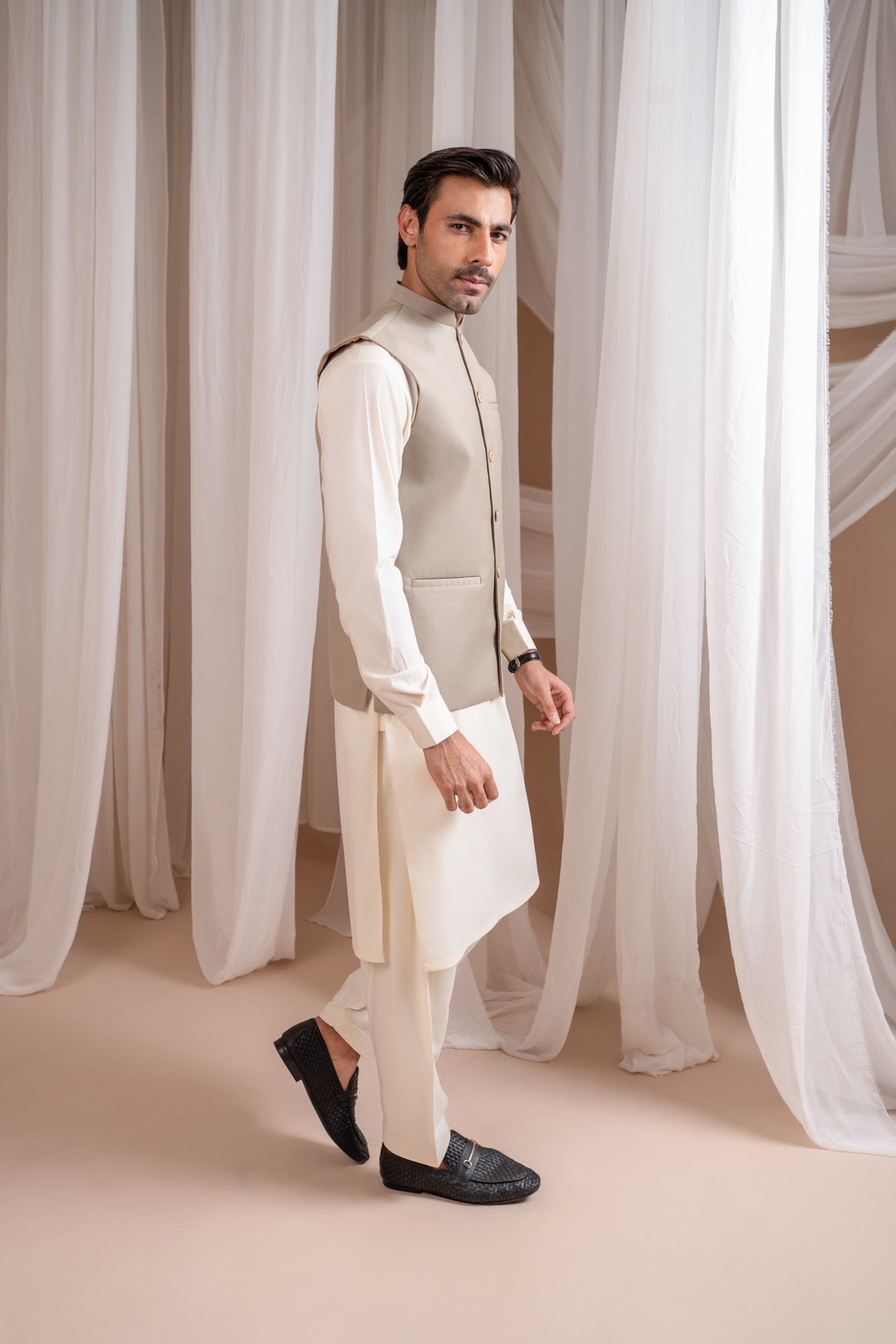 Bosky White Kurta Shalwar with Beige Suiting Waistcoat - Straight Cut - Men