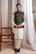 Bosky White Kurta Shalwar with Army Green Suiting Waistcoat - Straight Cut - Men