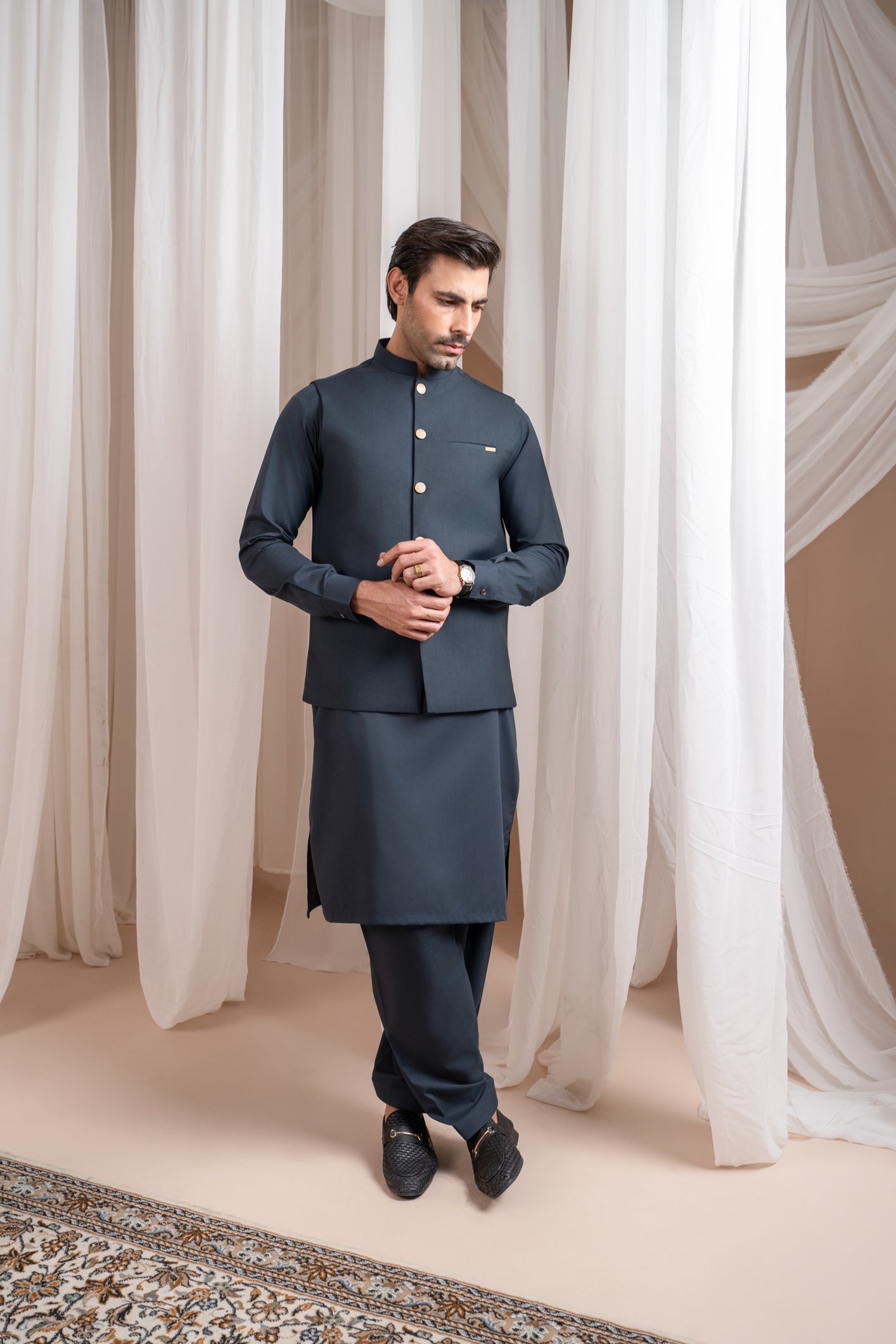 Charcoal Grey Kurta Shalwar with Suiting Waistcoat - Straight Cut - Men