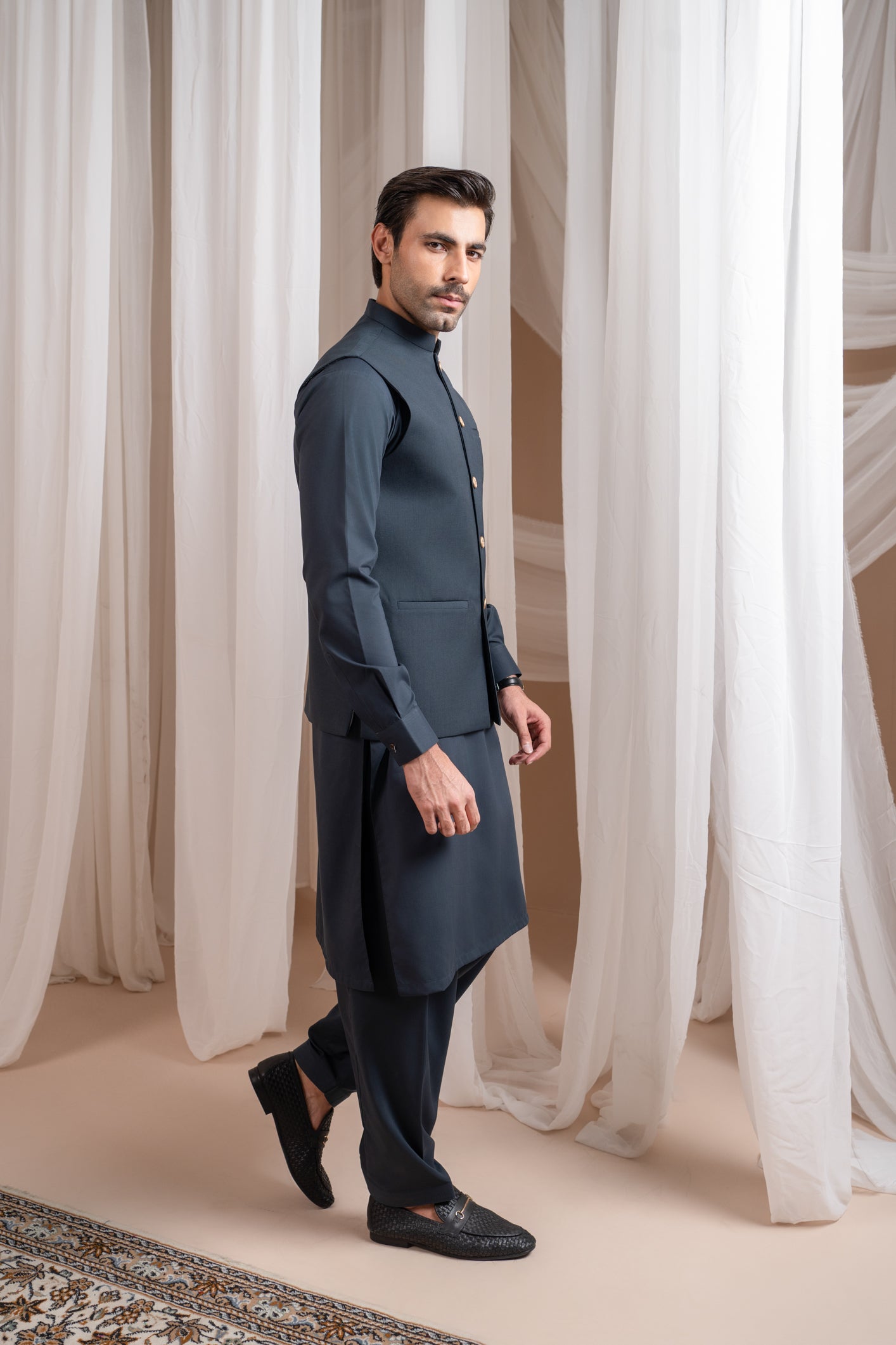 Charcoal Grey Kurta Shalwar with Suiting Waistcoat - Straight Cut - Men