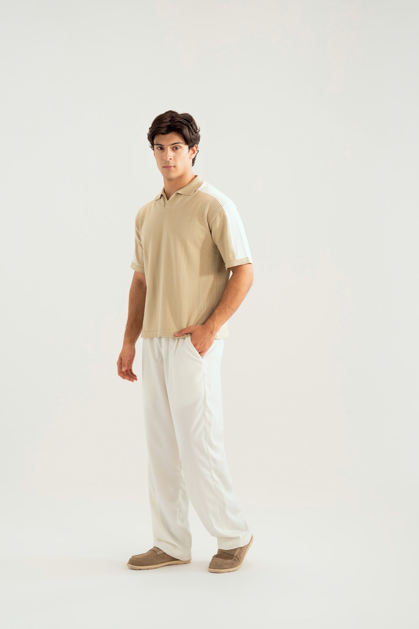 Sandstone Milano Knit Polo with Textured Shoulder - Men