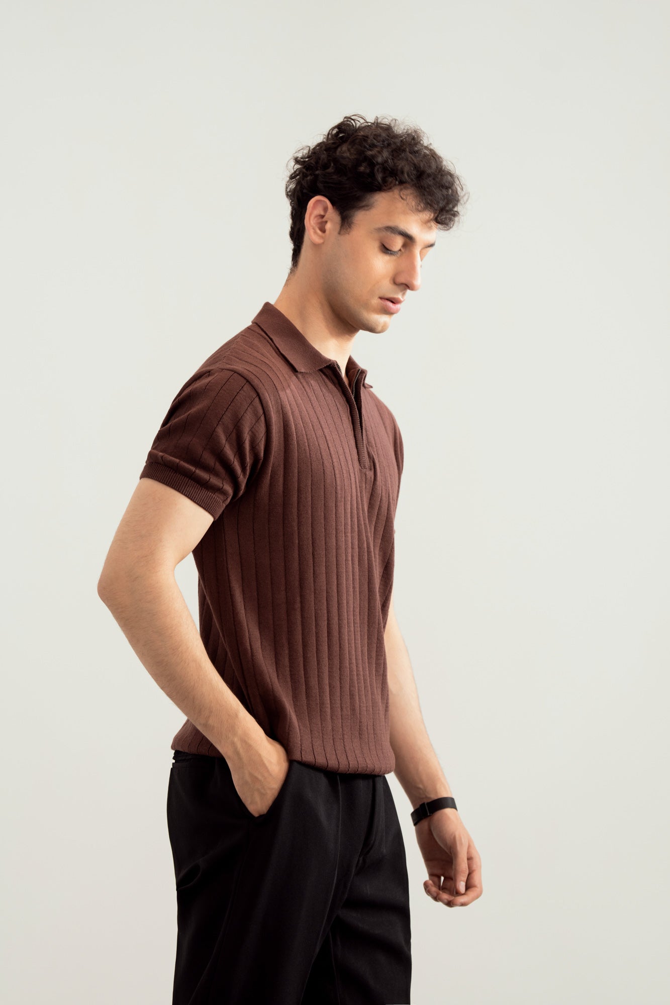 Dark Brown Drop Needle Zipper Knitted Polo - Men
