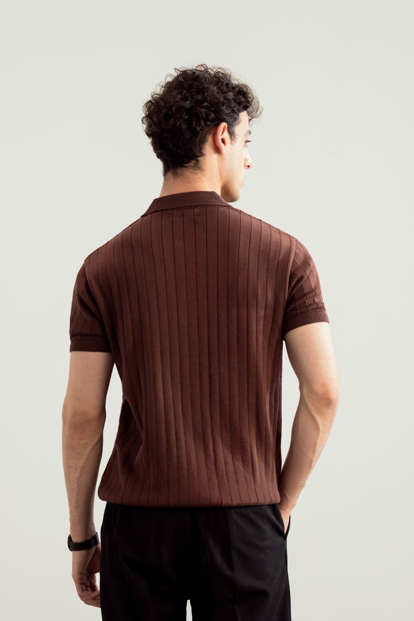 Dark Brown Drop Needle Zipper Knitted Polo - Men