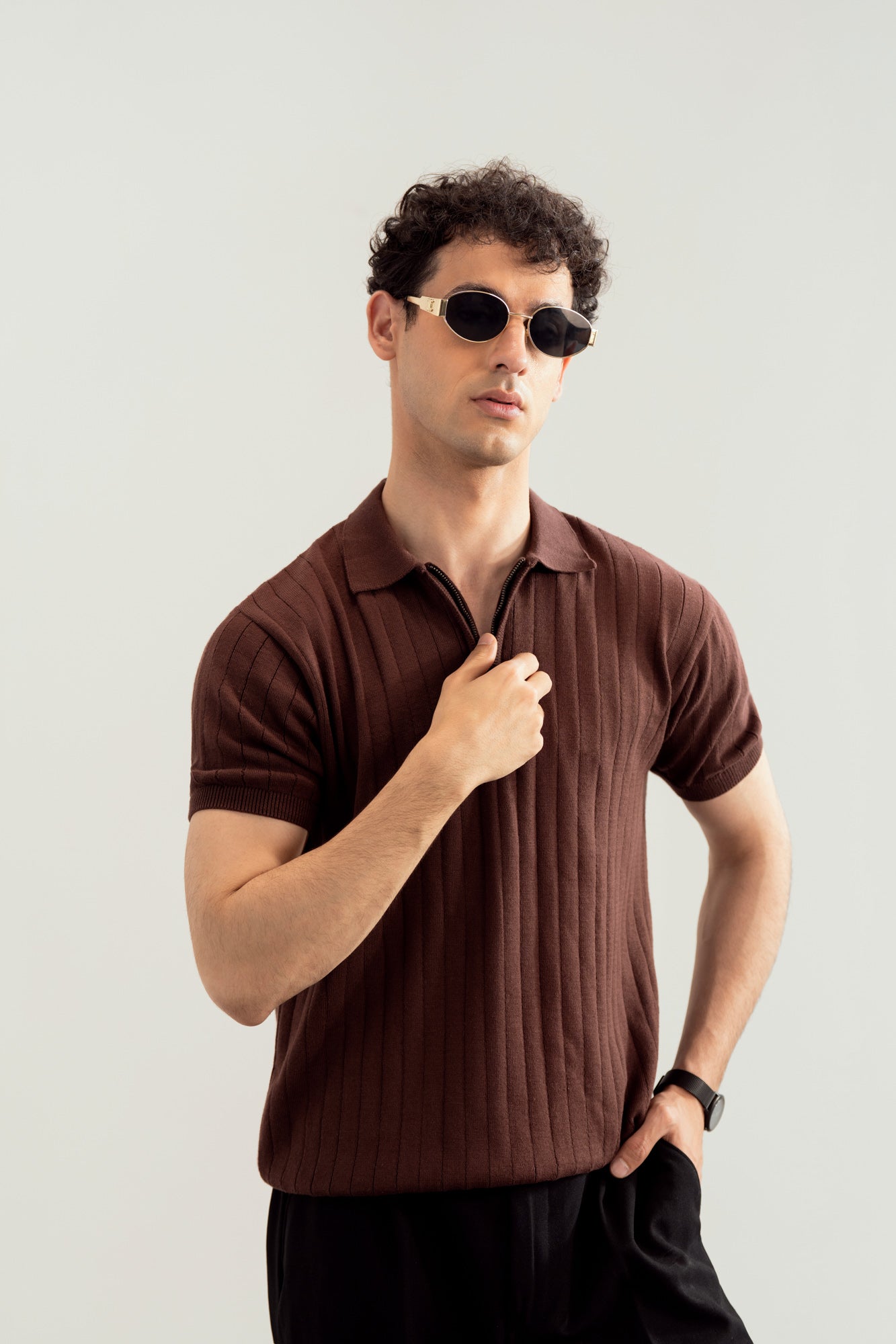 Dark Brown Drop Needle Zipper Knitted Polo - Men