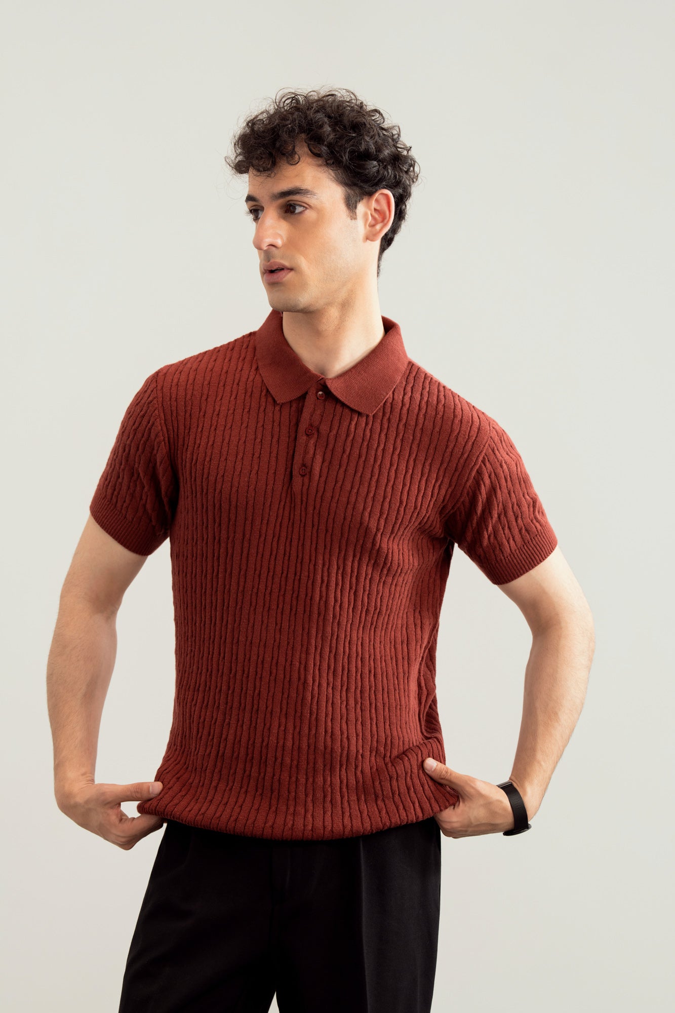 Dark Cherry Cable Knit Polo For Men – Summer Western Polo