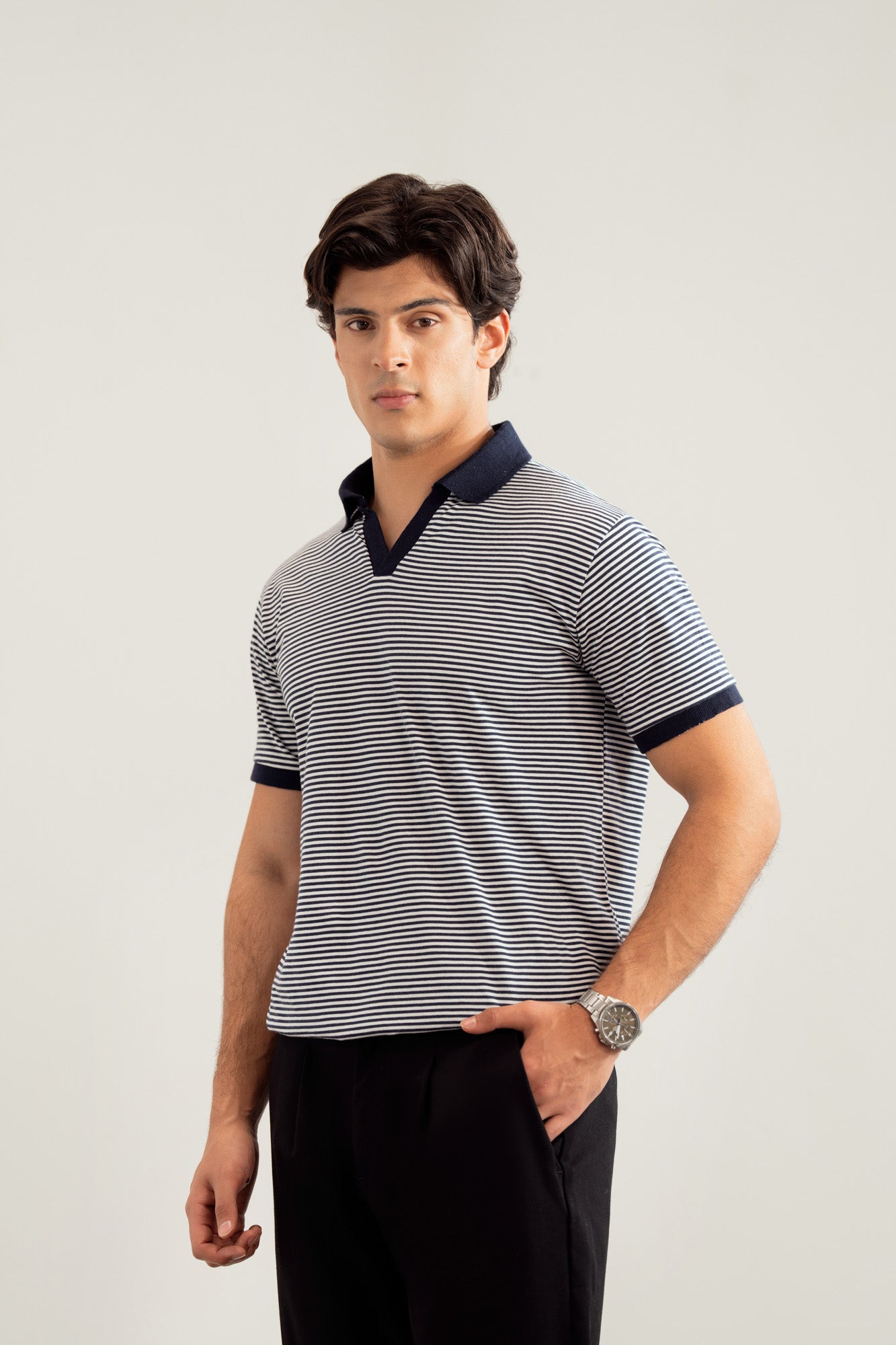 Off white and Blue Striper Johhny Resort Polo - Contrast Collar - Men
