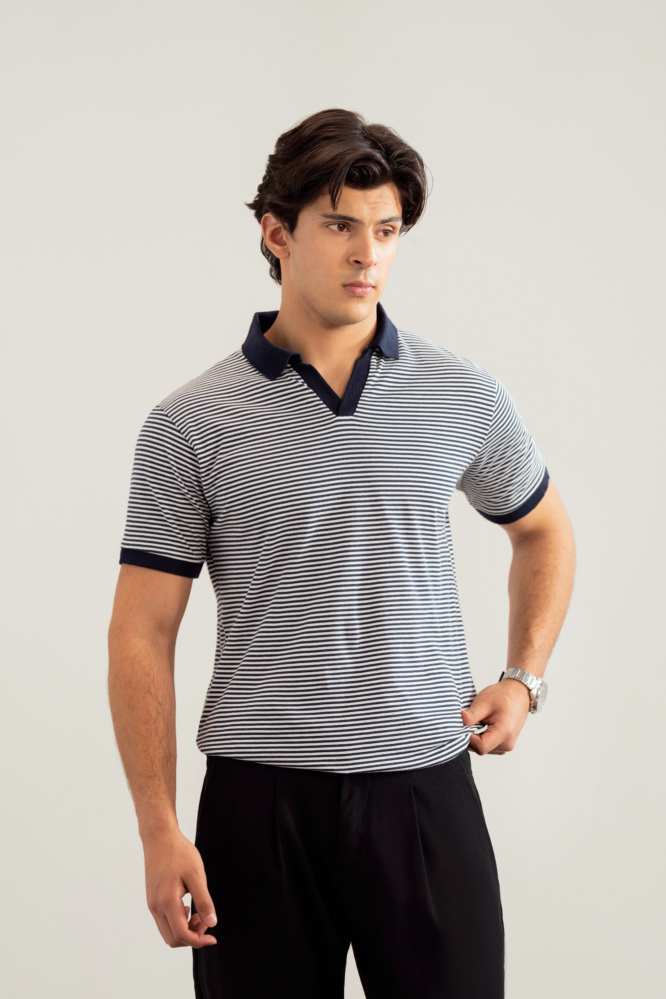 Off white and Blue Striper Johhny Resort Polo - Contrast Collar - Men