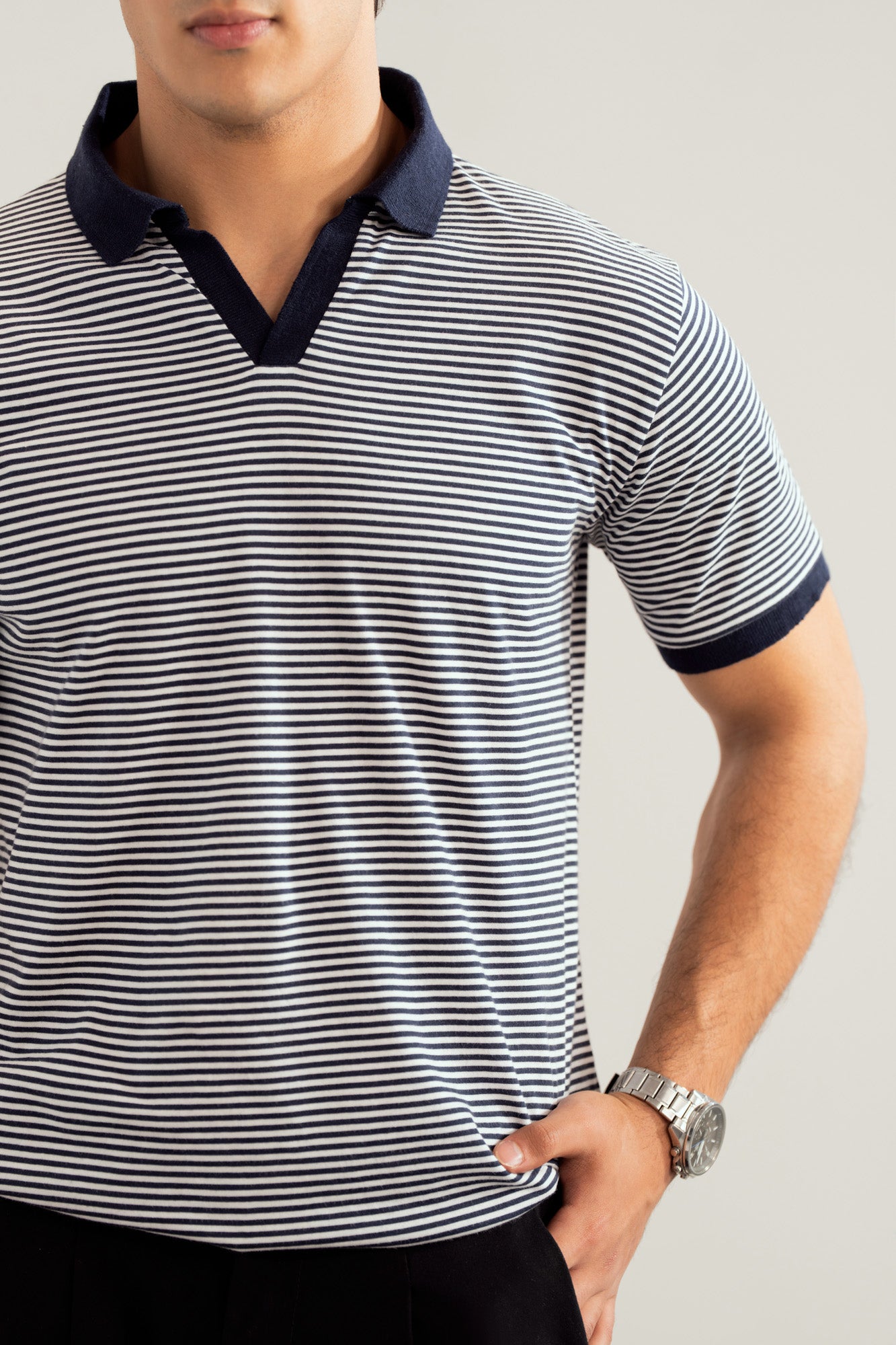 Off white and Blue Striper Johhny Resort Polo - Contrast Collar - Men