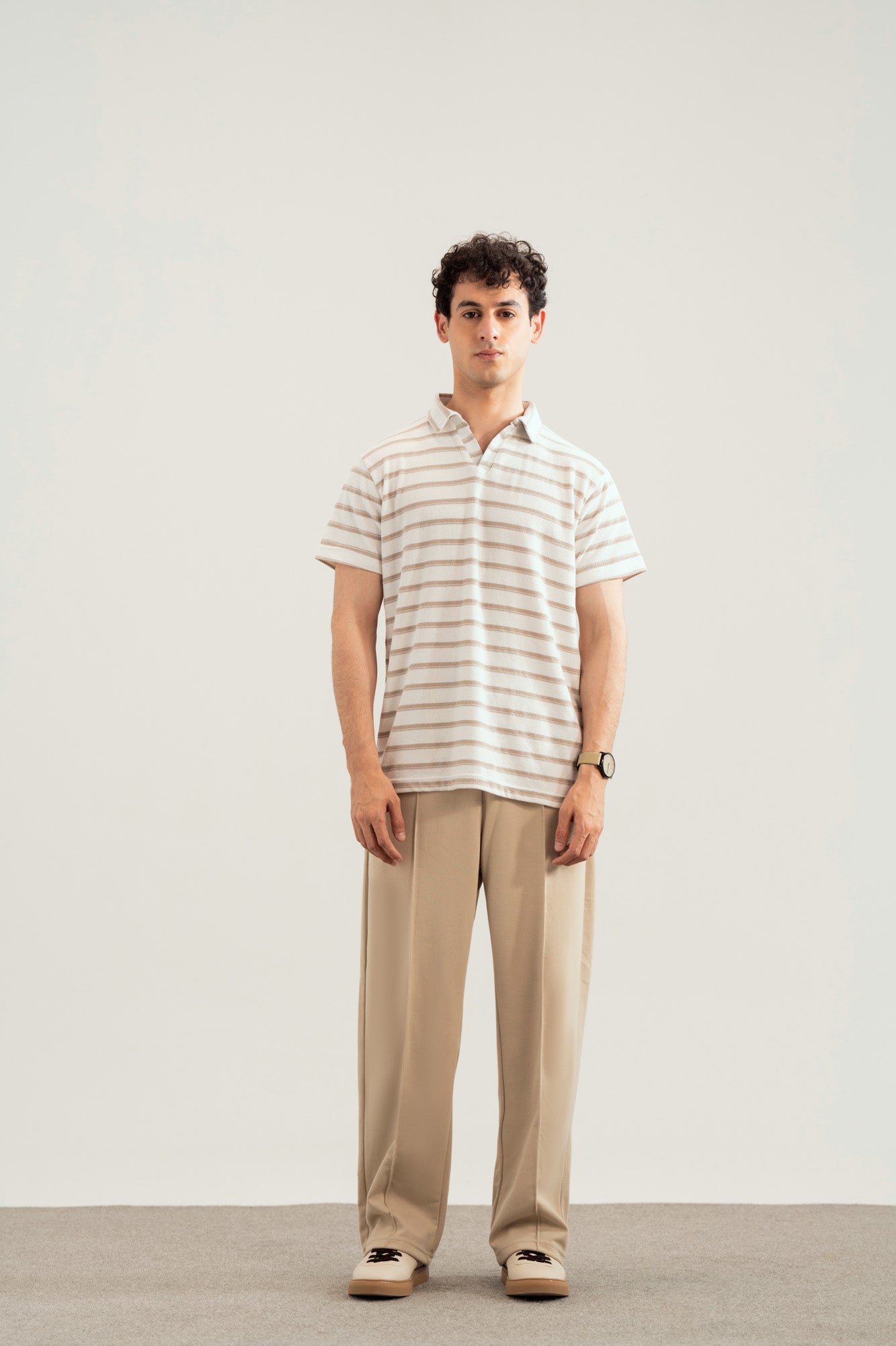 Off White & Brown Striper Mesh Thermal Knit Polo - Smart Fit - Men