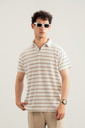 Off White & Brown Striper Mesh Thermal Knit Polo - Smart Fit - Men