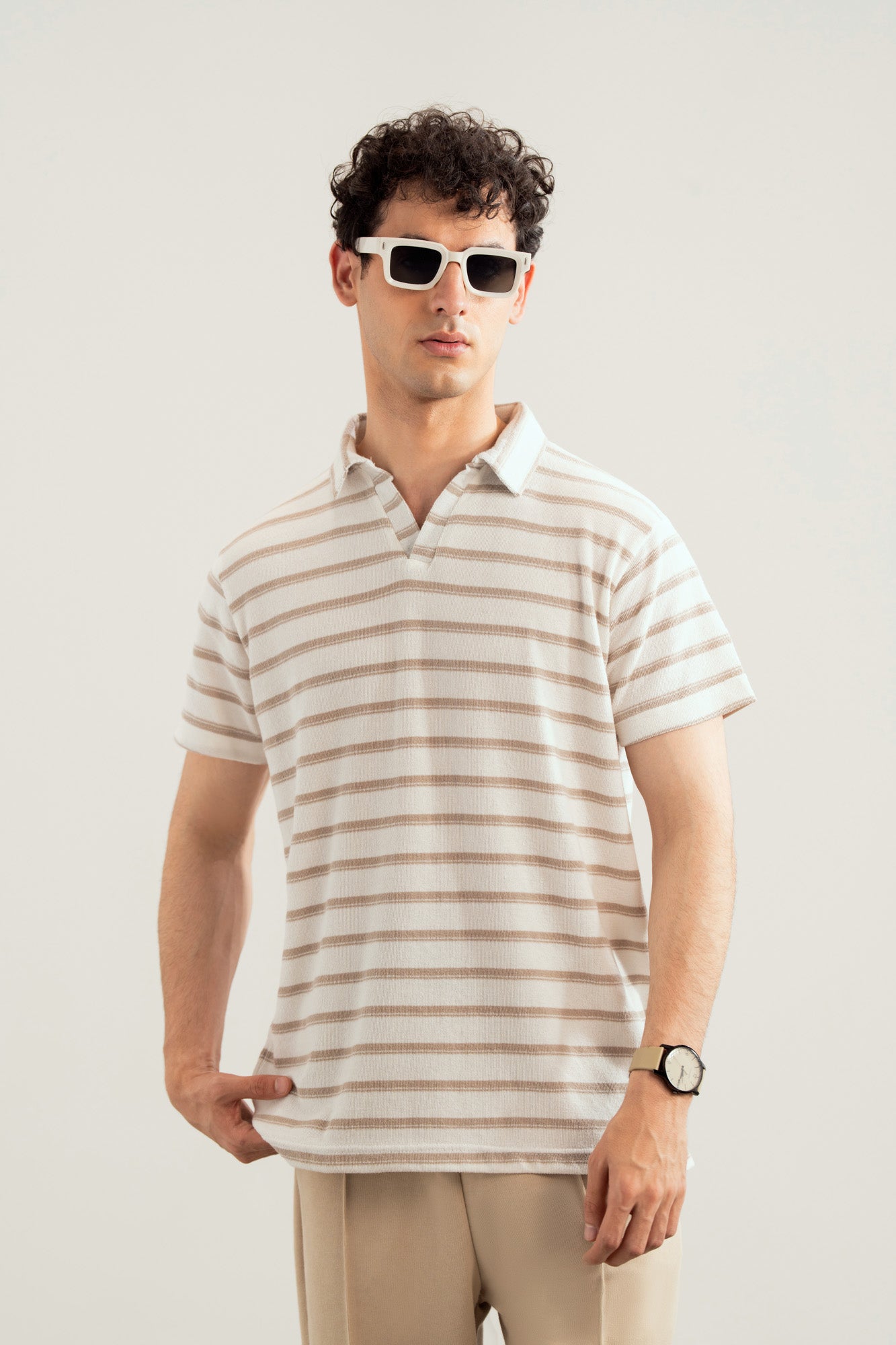 Off White & Brown Striper Mesh Thermal Knit Polo - Smart Fit - Men