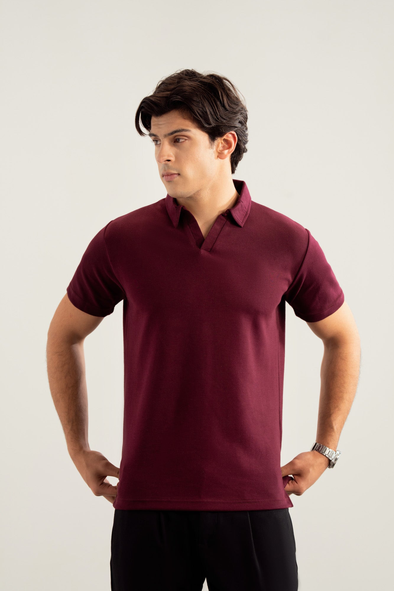Maroon Interlock Johnny Collar Polo - Smart Fit  - Men
