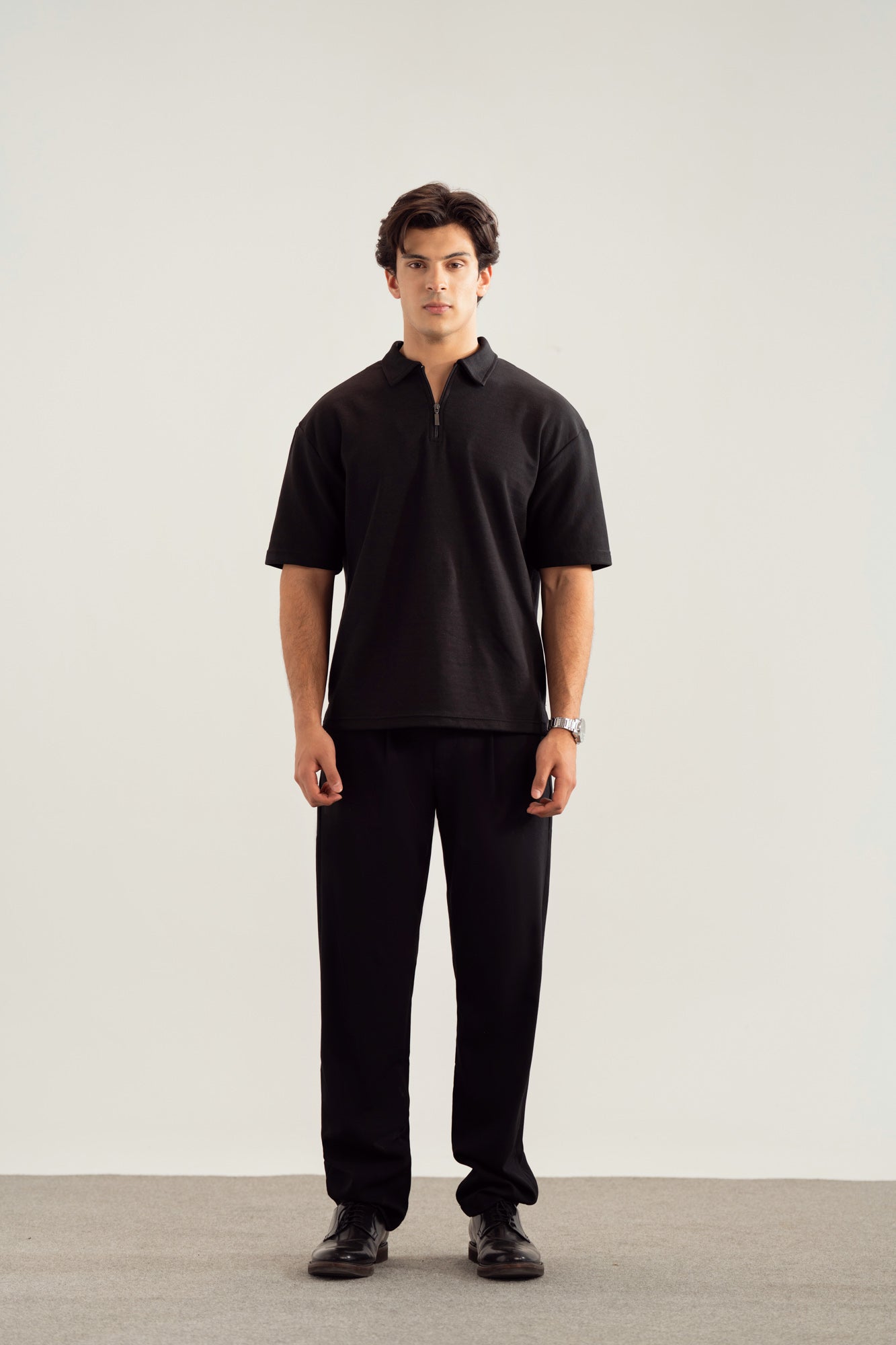 Black Interlock Zipper Polo - Boxy Fit - Men