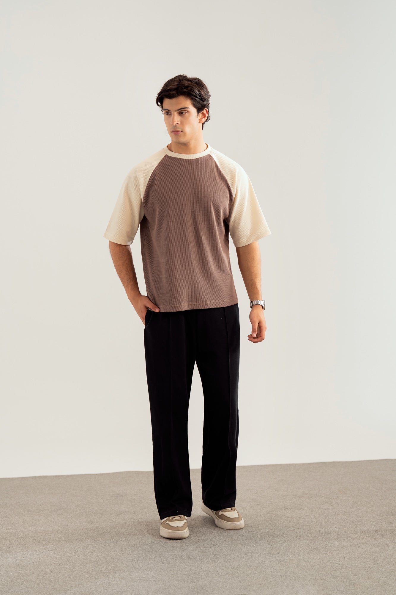 Off White & Dull Nude Waffle Knit Oversized Tee - Men