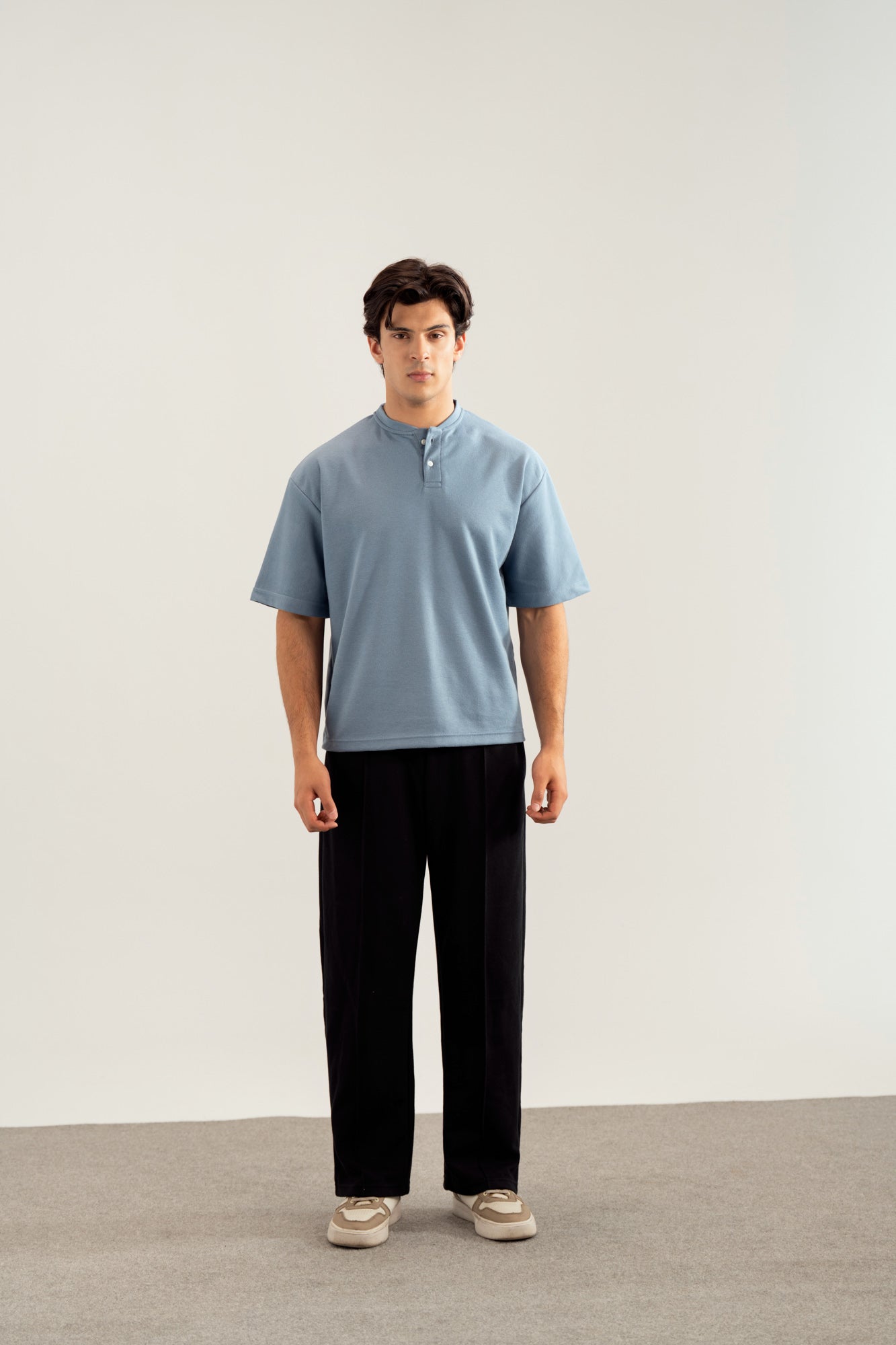Sky Blue Interlock Oversized Henley Tee - Men