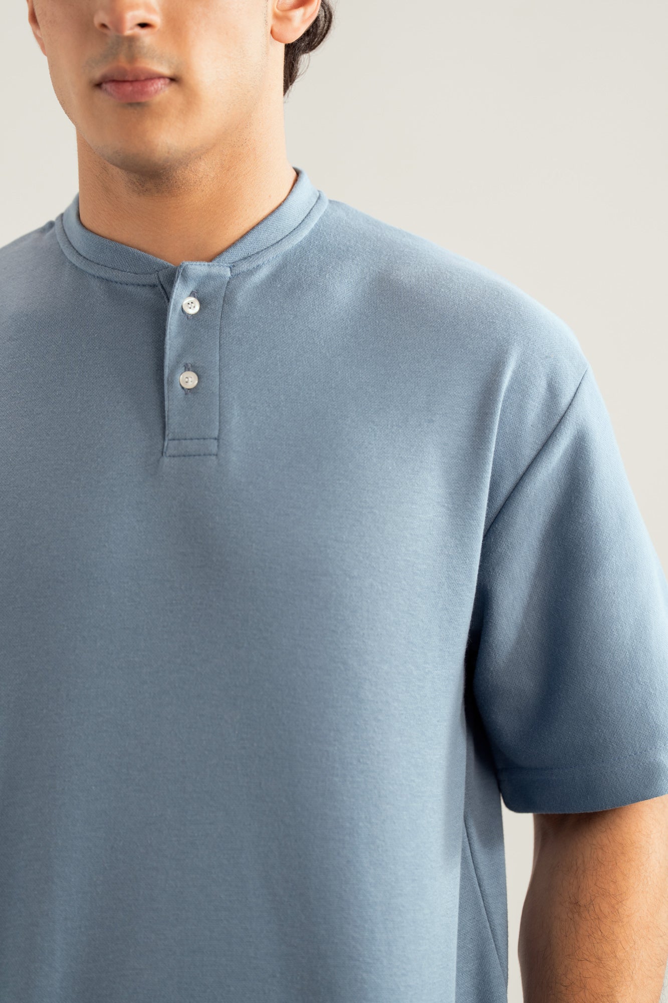 Sky Blue Interlock Oversized Henley Tee - Men