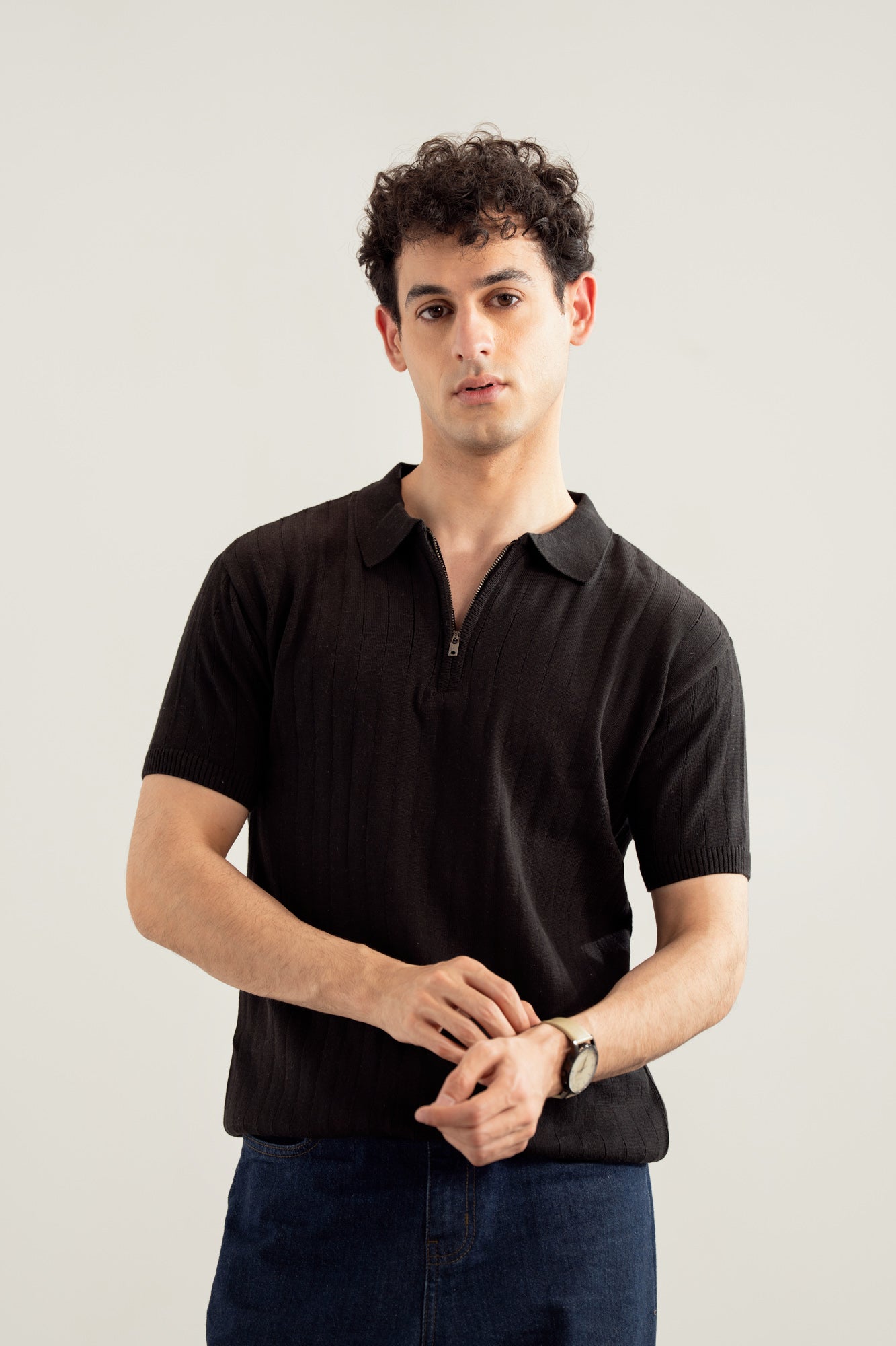 Black Drop Needle Zipper Knitted Polo - Men