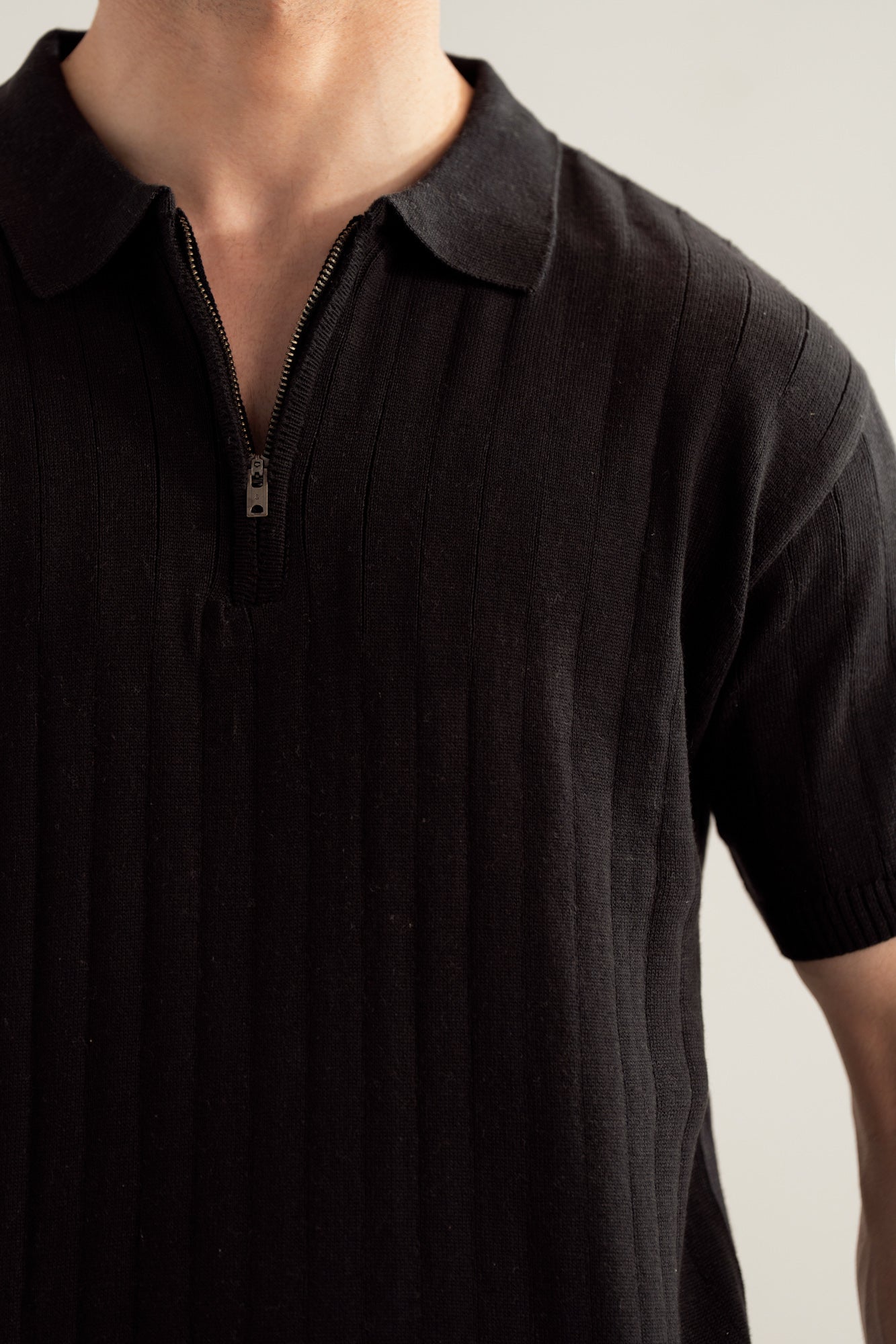 Black Drop Needle Zipper Knitted Polo - Men
