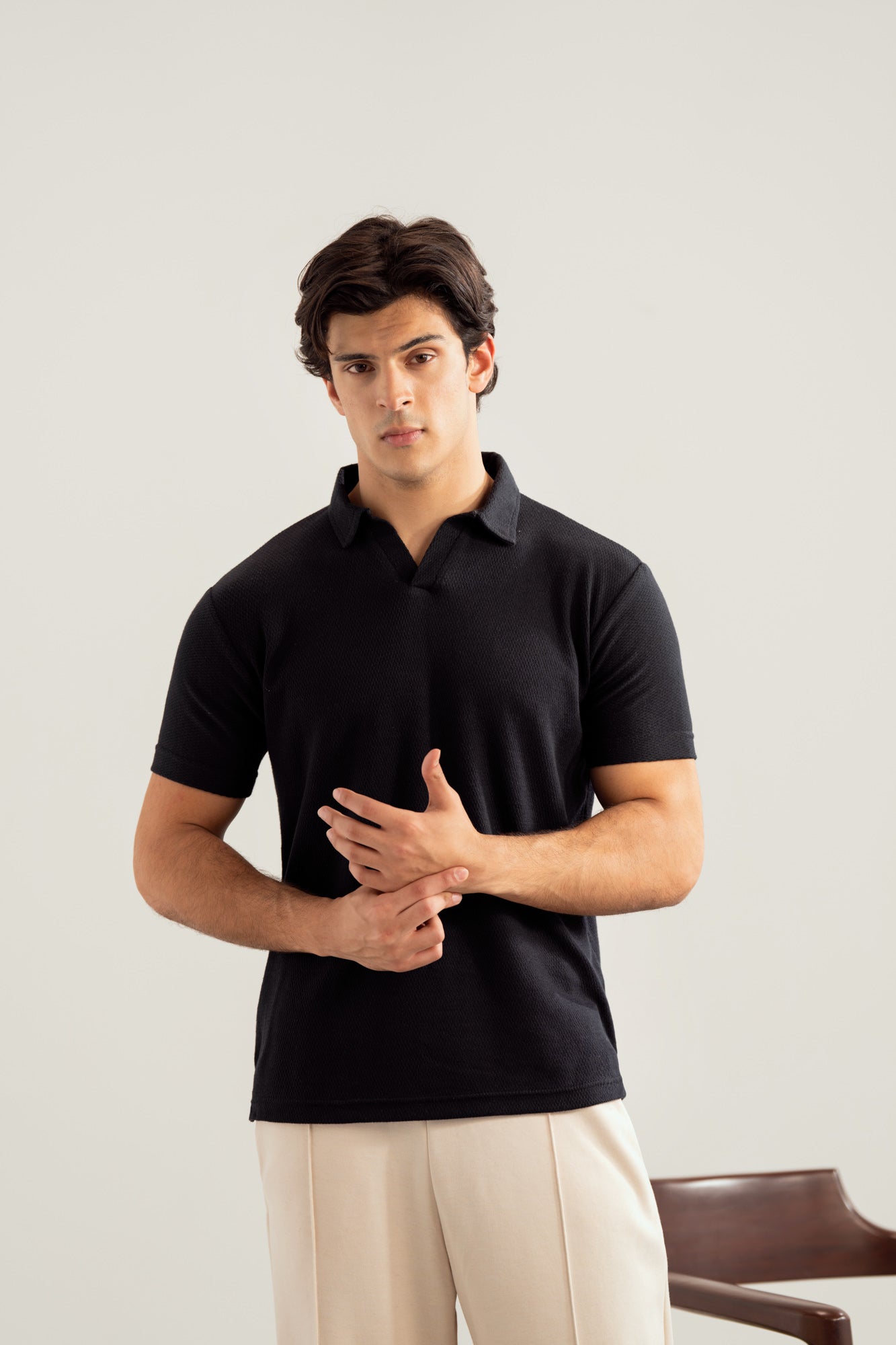 Black Mesh Thermal Knit Polo - Smart Fit - Men