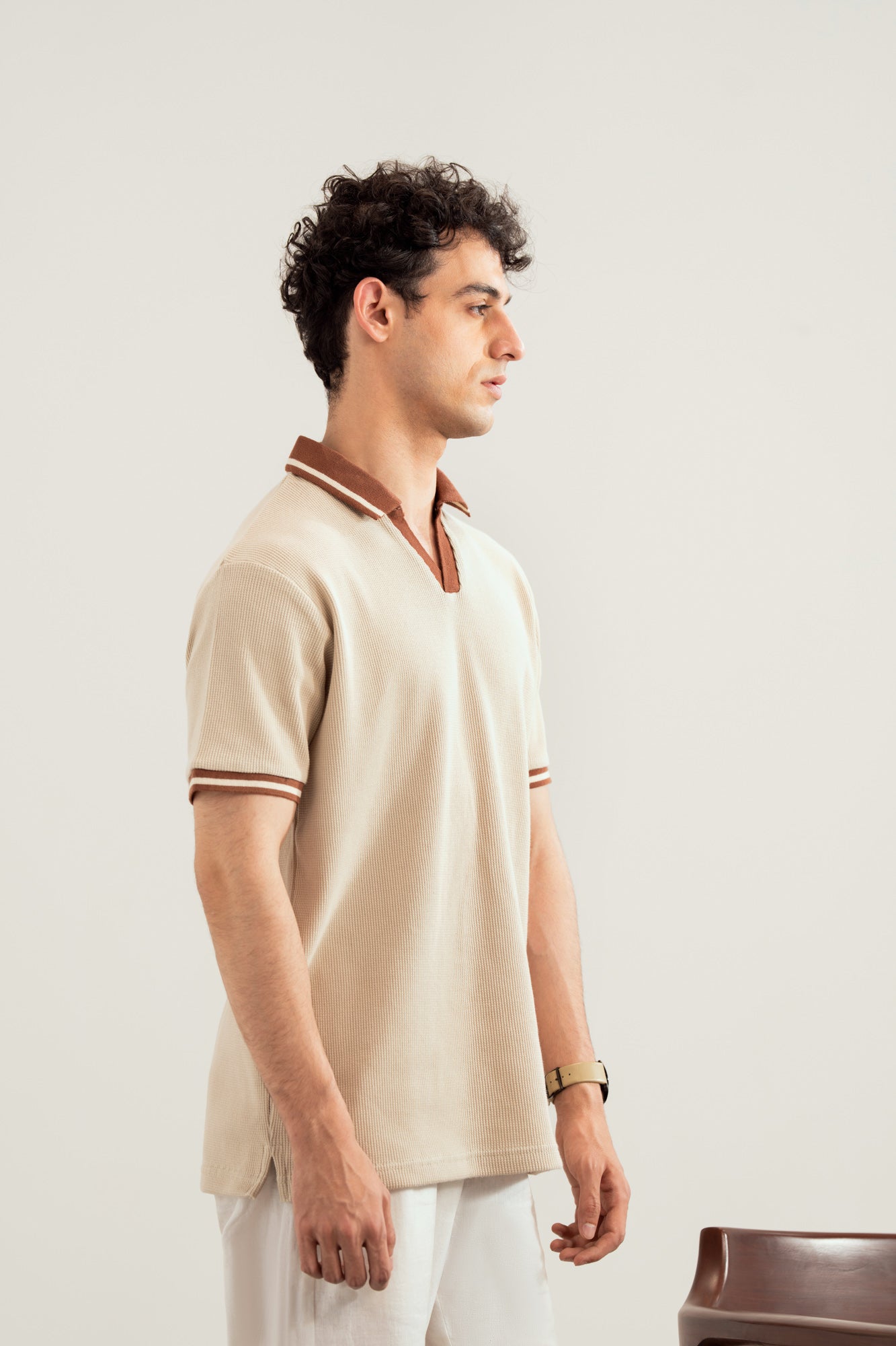 Beige White Waffle Johnny Resort Polo - Contrast Collar  - Men