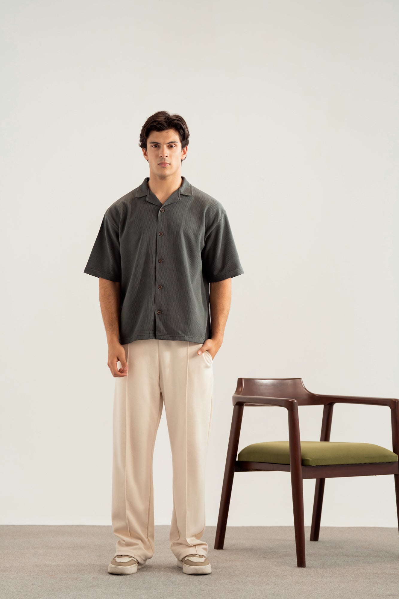 Deep Olive Waffle Boxy Revere Button Down - Men