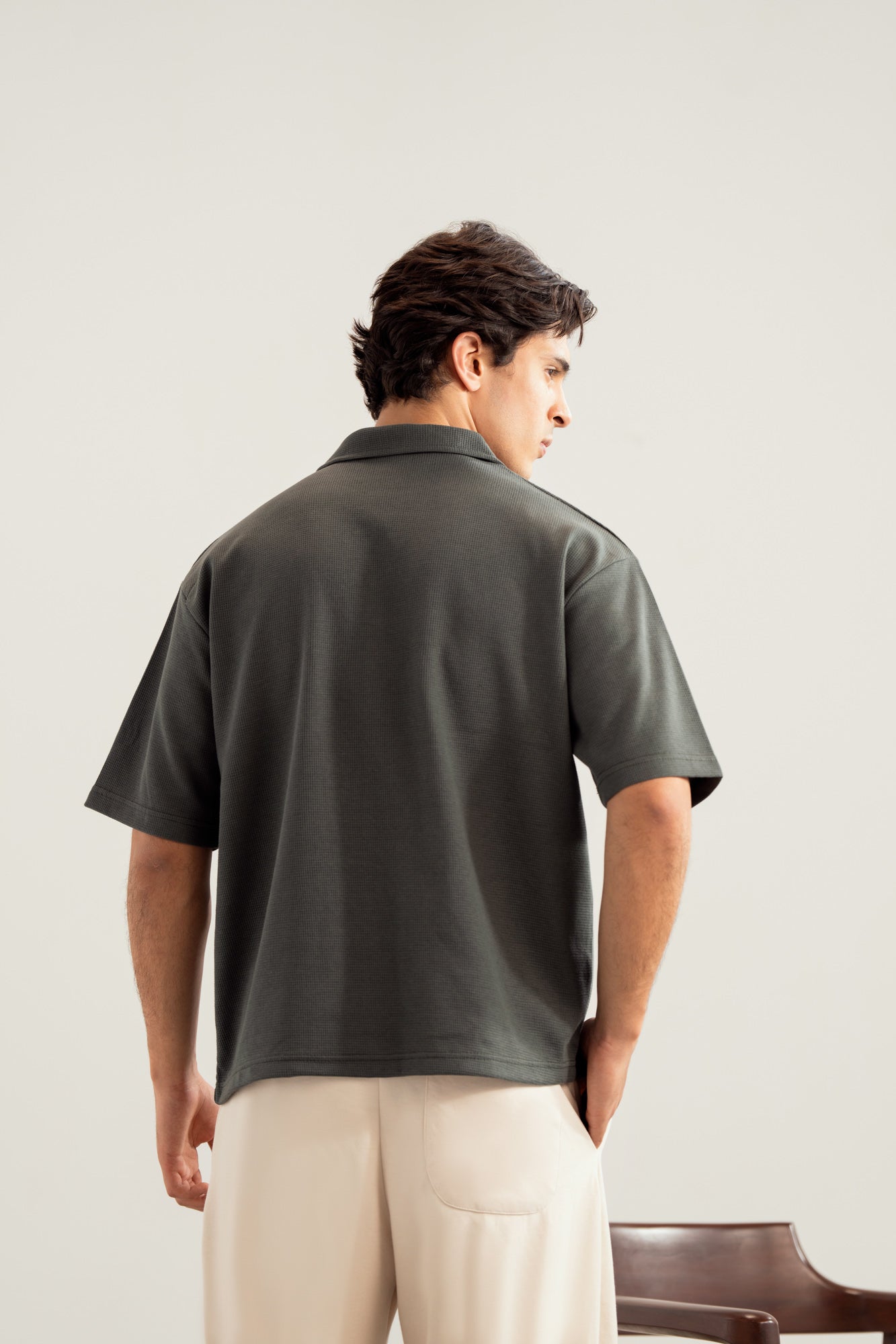 Deep Olive Waffle Boxy Revere Button Down - Men