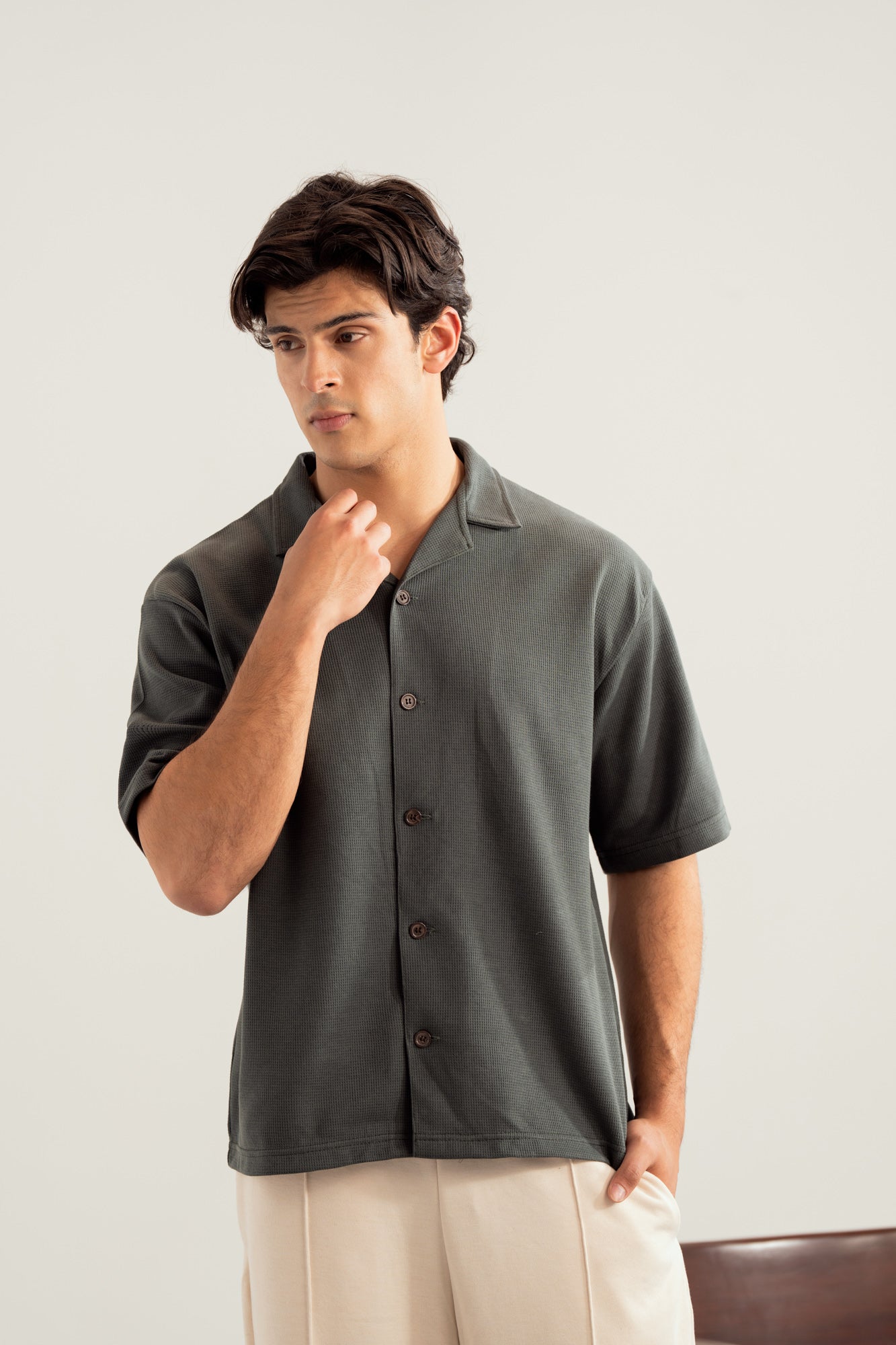 Deep Olive Waffle Boxy Revere Button Down - Men