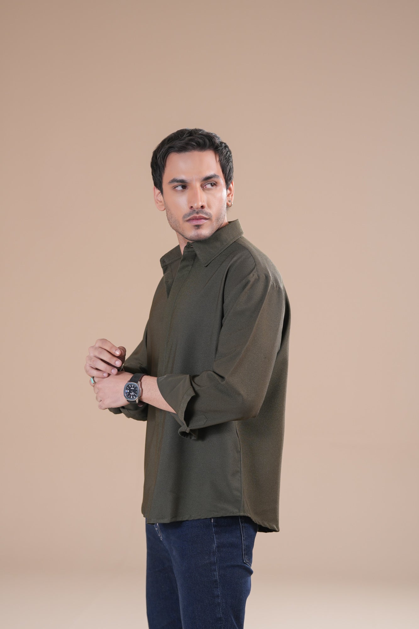 Olive Honeycomb Interlock Poplin Shirt - Men